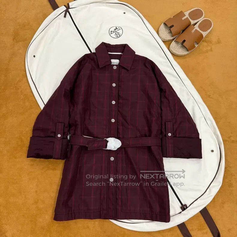 Hermes Hermes Red Plaid Belted Cotton Coat Jacket Size XXS / US 00 / IT 34 - 3 Thumbnail