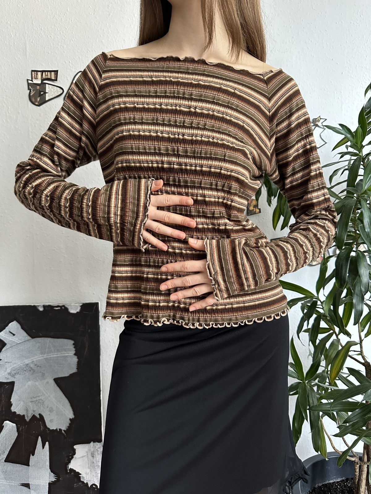 Beauty Beast × Japanese Brand Boho Crop Scrunchy Stripe Bell Sleeve Shouldered Top Size ONE SIZE - 2 Thumbnail