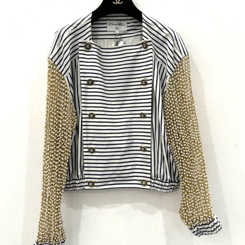 Chanel Chanel Gold Striped Cotton Women's Shirt 0089 Size L / US 10 / IT 46 - 1 Thumbnail