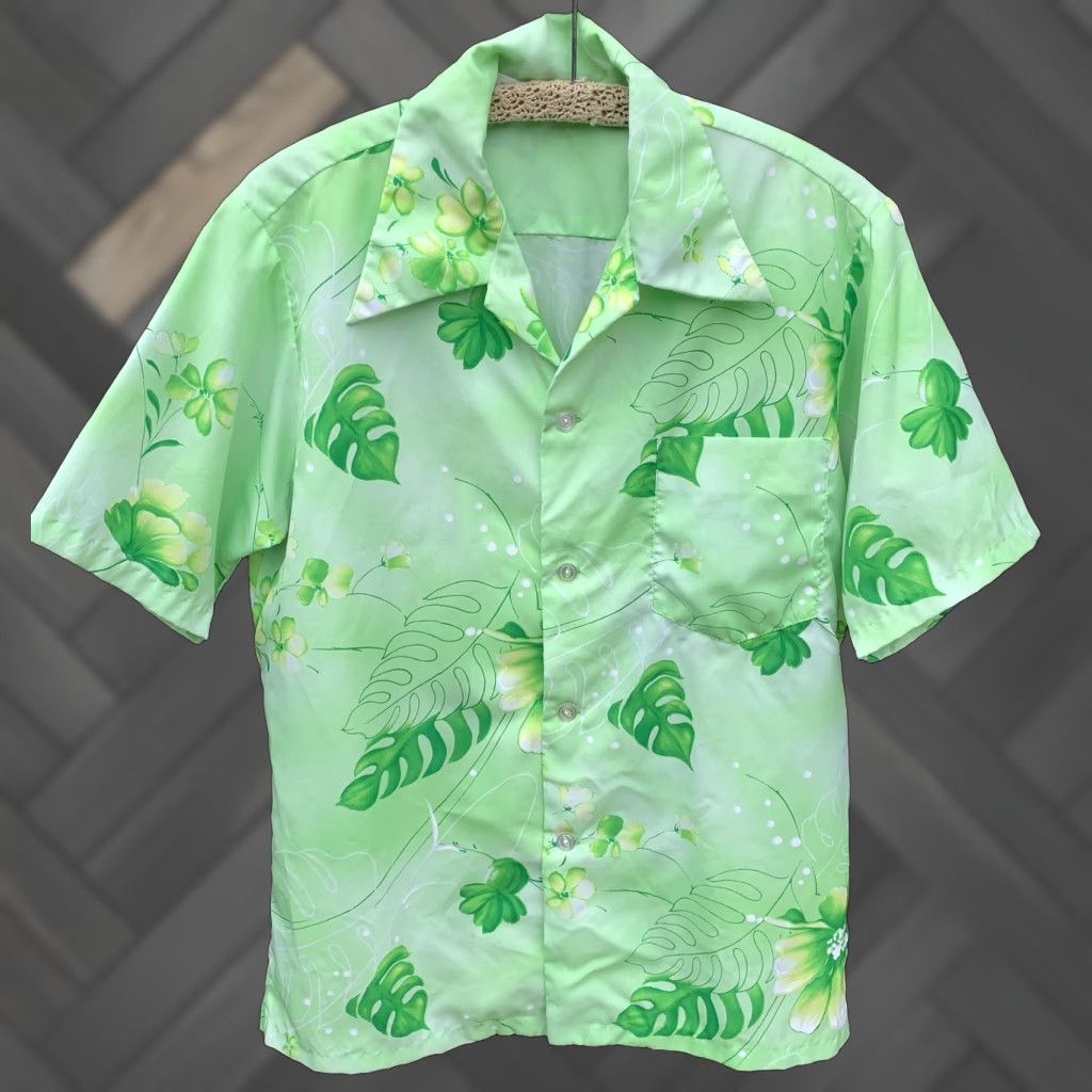 J Brand VINTAGE Hookano Hawaiian Shirt Men M Green Floral Short Sleeve Button-Up 100% Polyester Tiki Aloha Size US M / EU 48-50 / 2 - 1 Thumbnail
