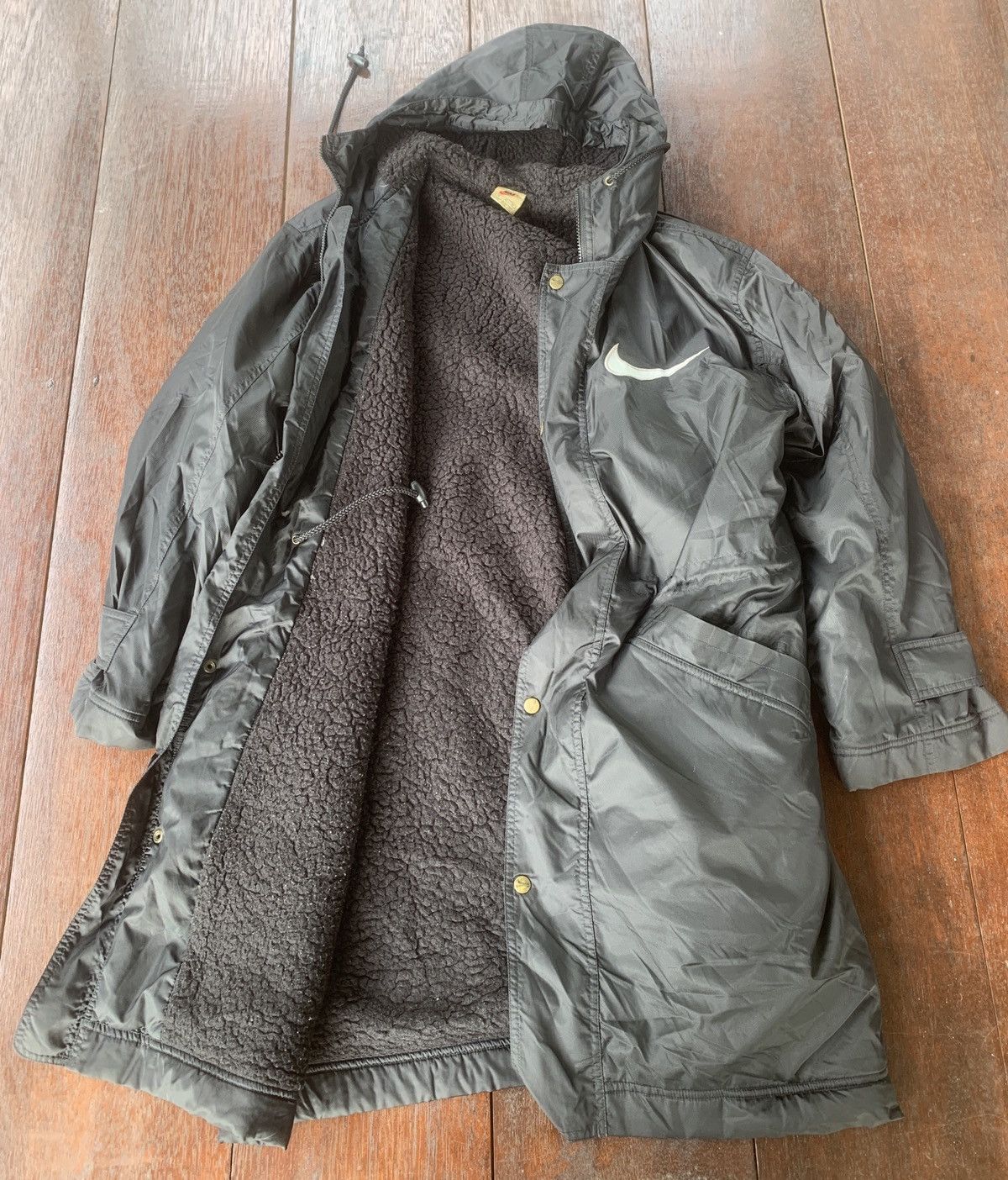 Nike × Vintage 90s Nike big swoosh logo sherpa lining long hoodie jacket Size US M / EU 48-50 / 2 - 8 Thumbnail
