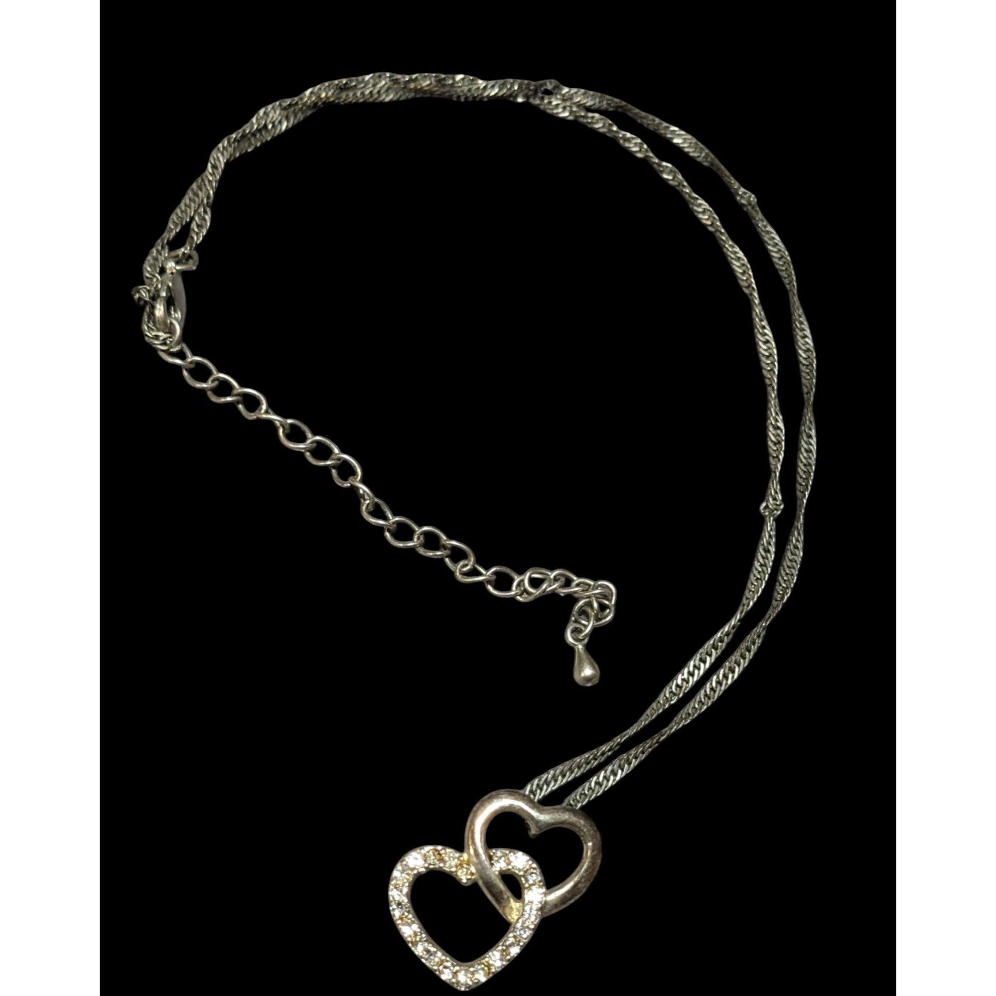 Other Silver Tone Rhinestone Double Heart Pendant Necklace Size ONE SIZE - 1 Thumbnail