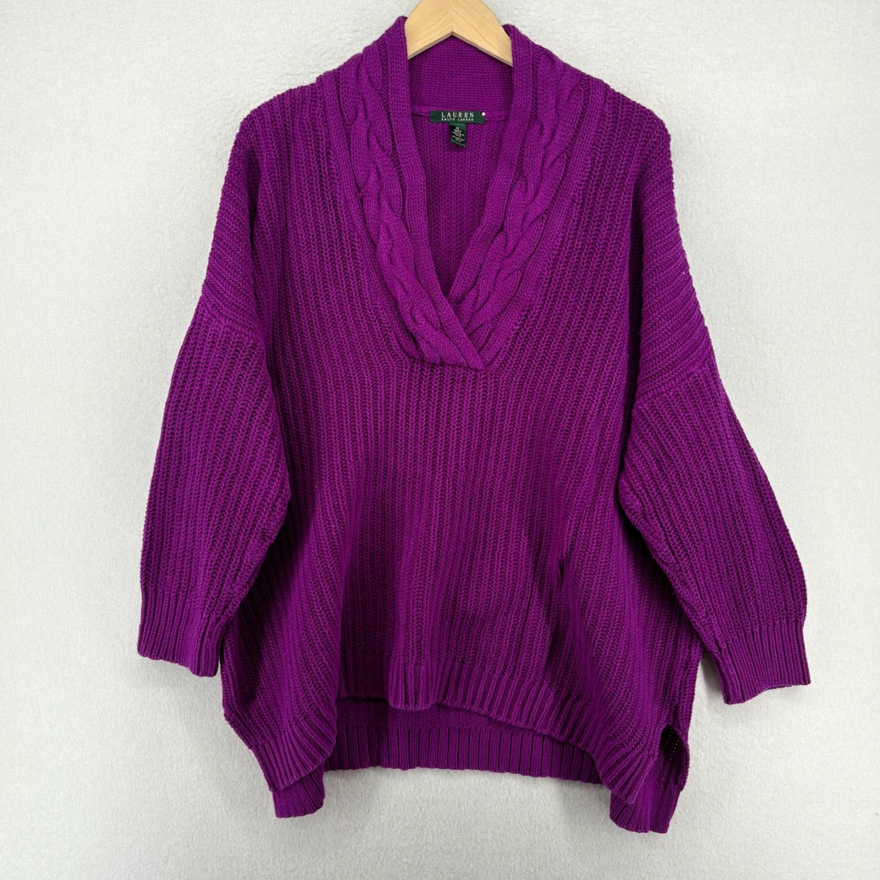 LAUREN RALPH LAUREN Sweater Women 1X Plus Cable Knit V-Neck Cotton Purple Adult Plus Size Pullover Dolman Sleeve Pilling Indicating Purple Womens