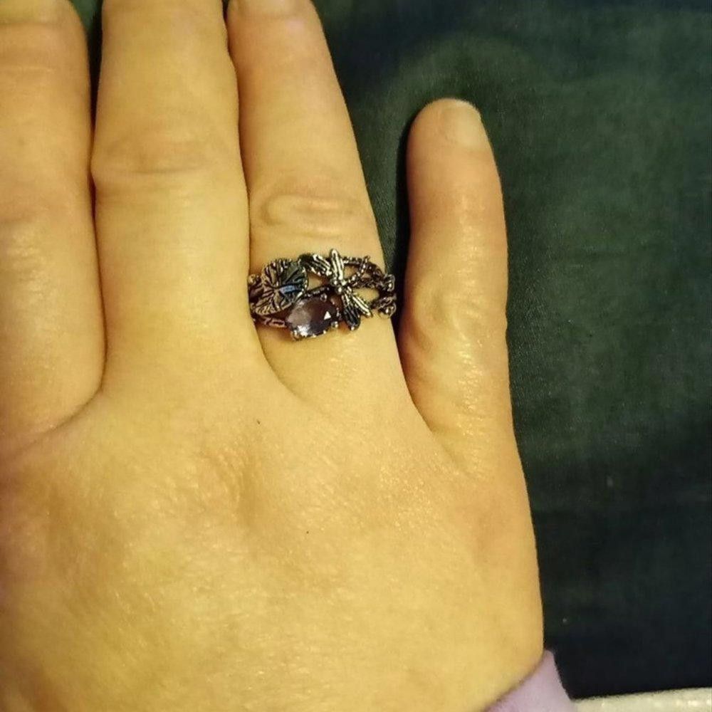 Designer Retro Vintage Leaf Dragonfly Purple Crystal Silver Ring Size ONE SIZE - 5 Thumbnail