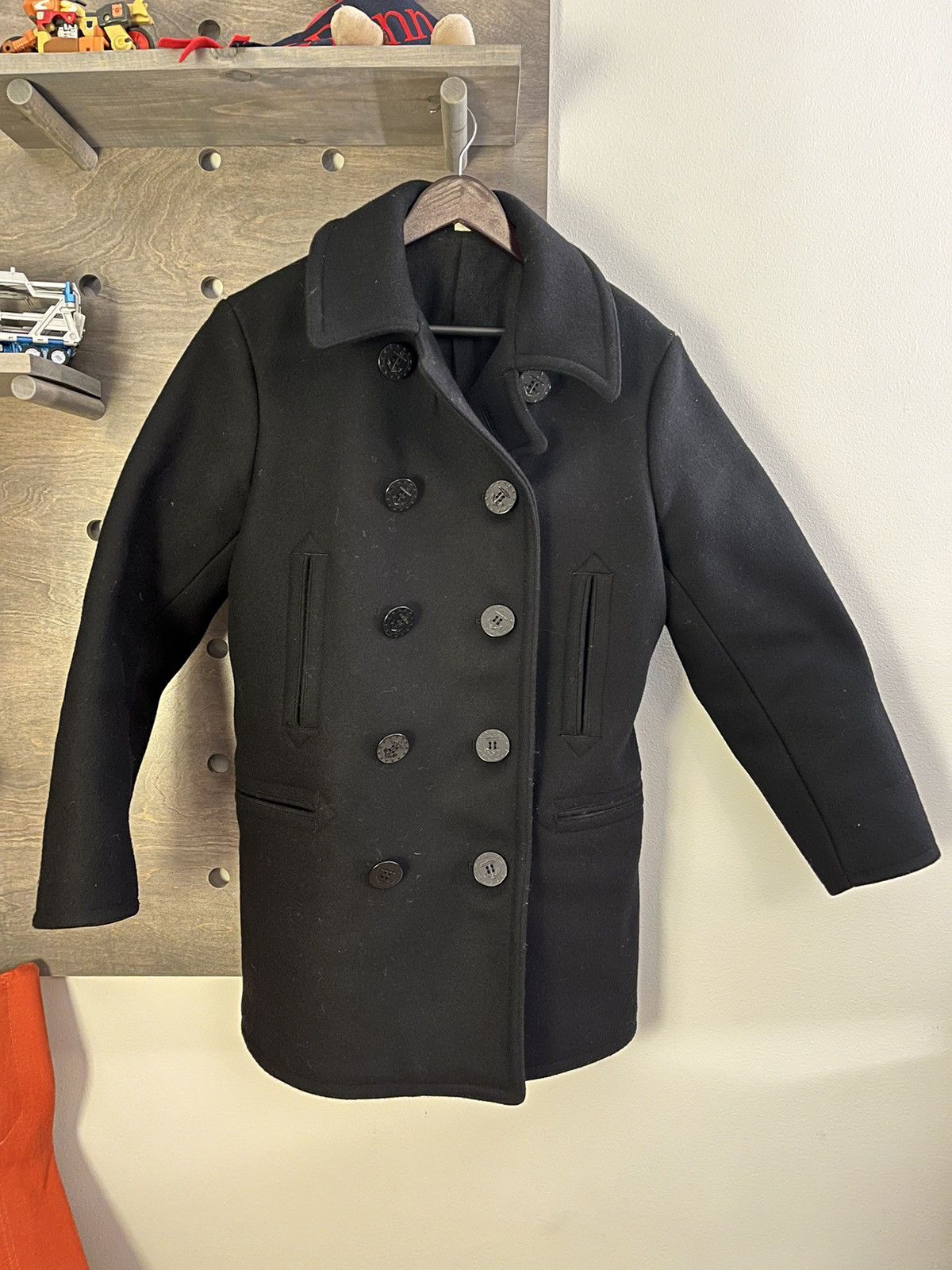 image of Buzz Ricksons Long Black Pea Coat, William Gibson Collection, No. Br14421, Men's (Size Large)