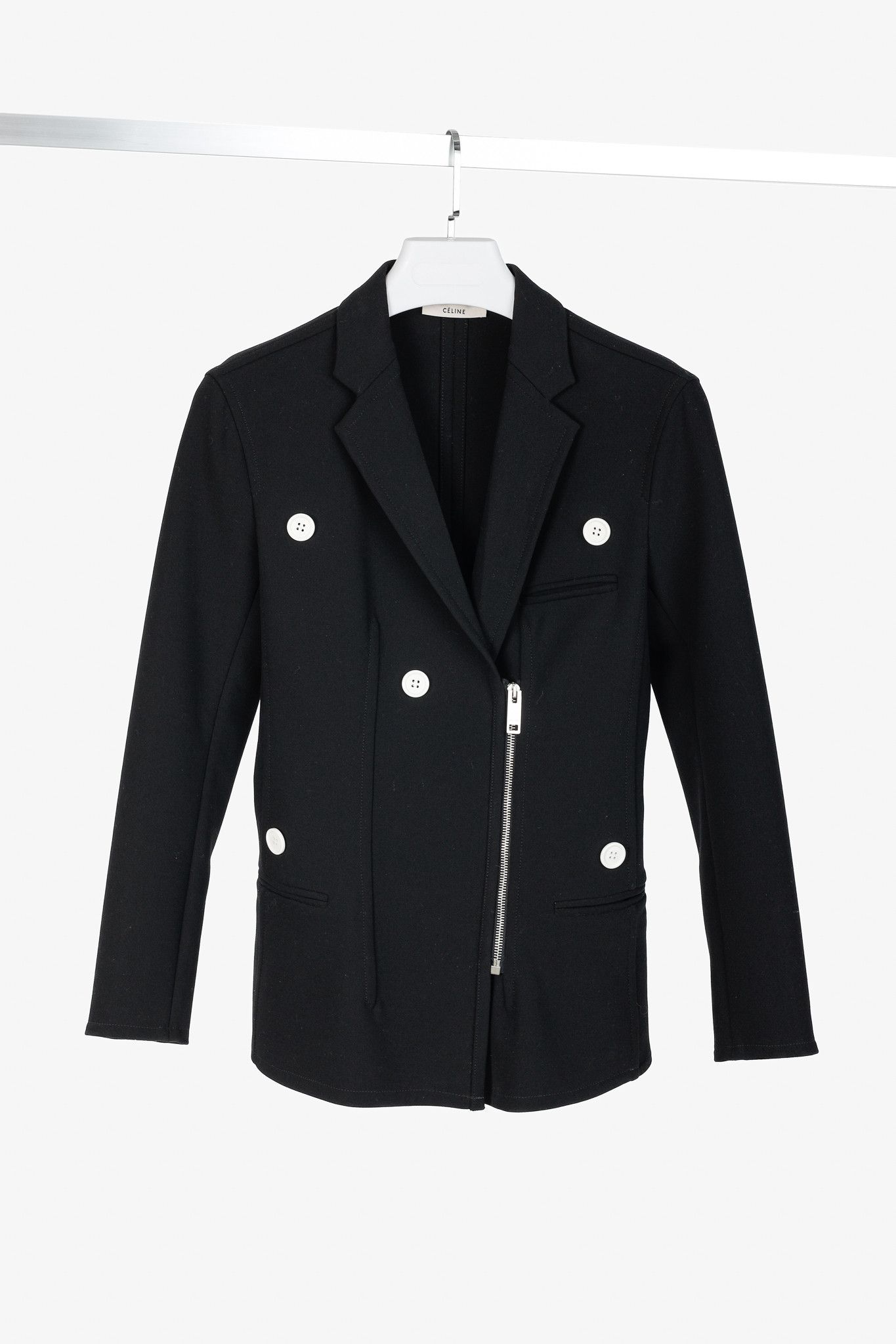 Celine × Phoebe Philo Celine SS/16 Runway Black Wool Crepe White-Button Zip Blazer Size M / US 6-8 / IT 42-44 - 1 Thumbnail