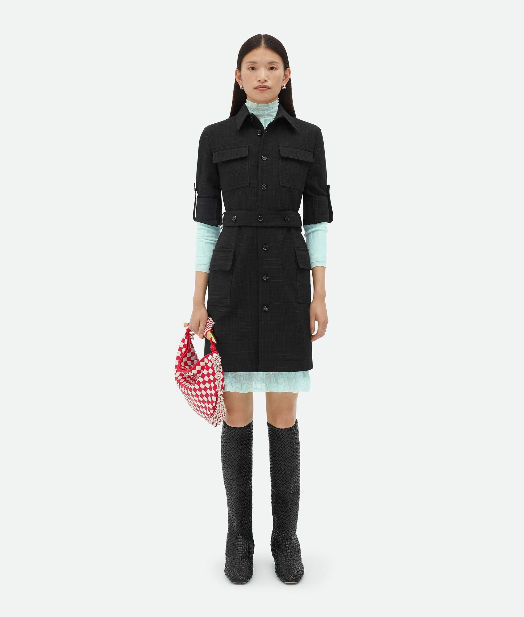 Bottega Veneta o1w1db10825 Textured Criss-Cross Belted Dress in Black Size M / US 6-8 / IT 42-44 - 1 Thumbnail