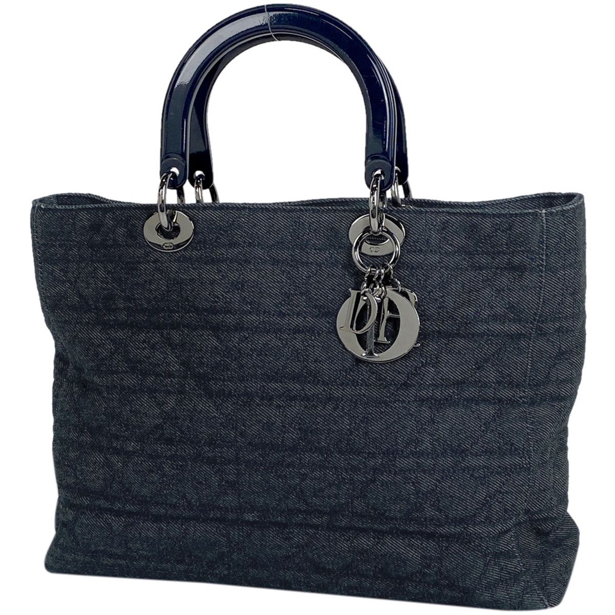 image of Christian Dior Cannage Handbag Logo Tote Bag Denim Navy in Black, Women's