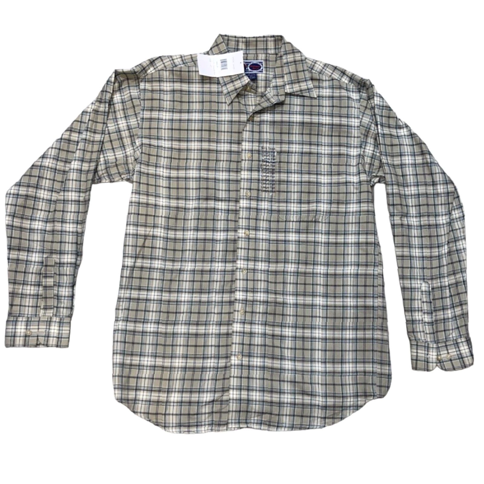 Vintage Williams Bay Plaid Oxford Flannel Shirt Button-Down Large Tall Tan Green Cream Cotton-Polyester Button-Up Mens Size US L / EU 52-54 / 3 - 2 Thumbnail
