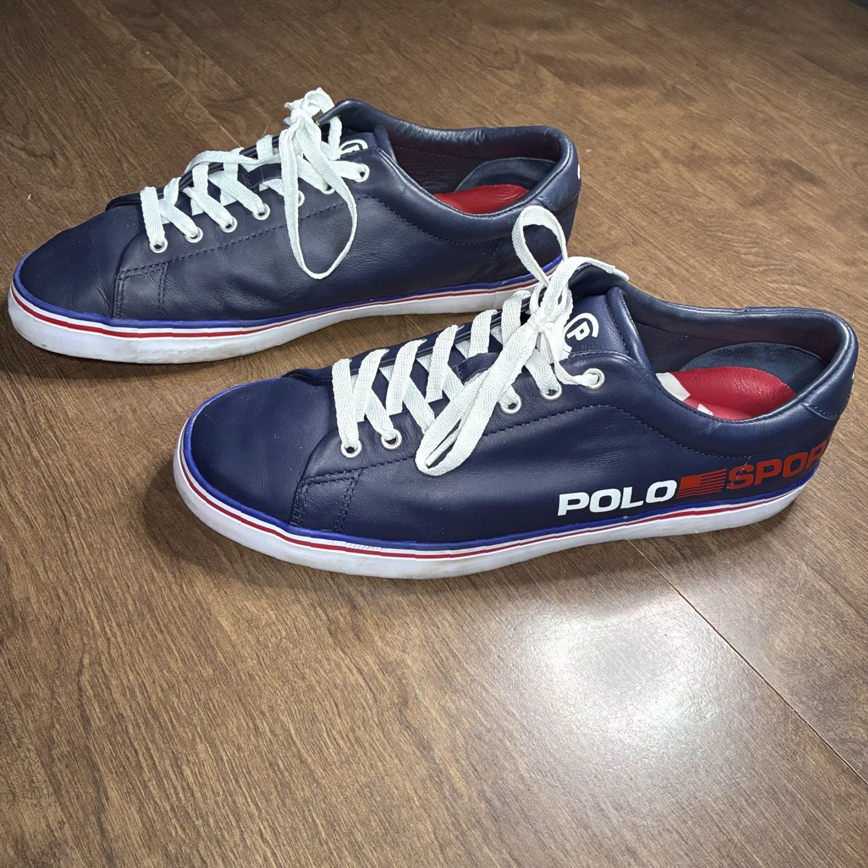 POLO Sport Shoes Mens 11.5 Blue Red White Leather Spell Out Sneaker