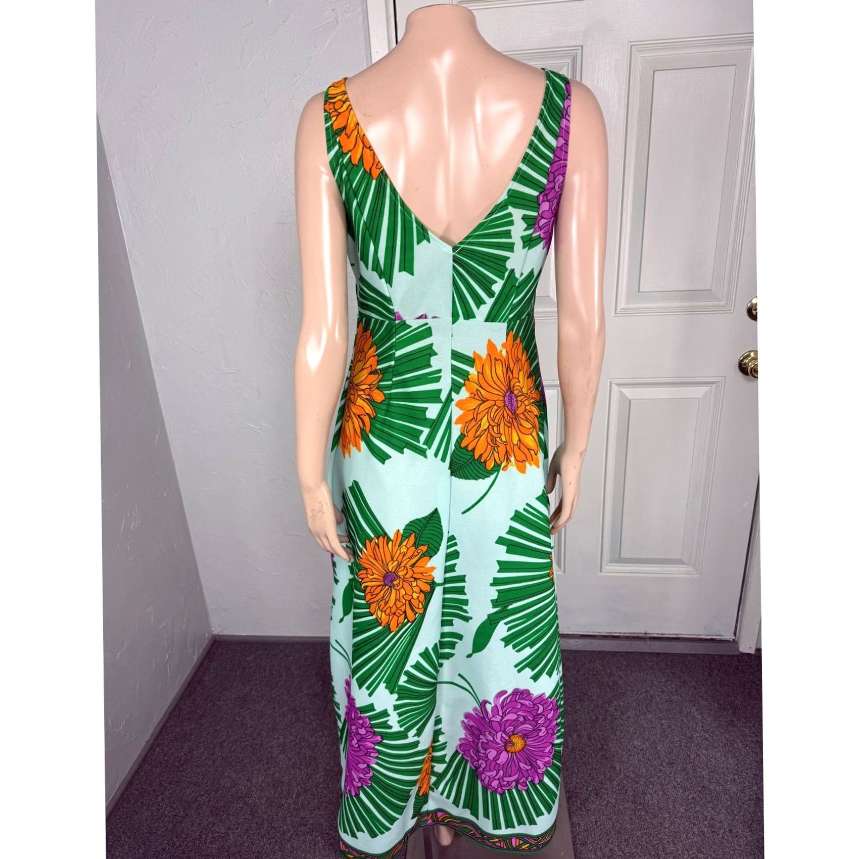 Vintage VINTAGE 1970s Bohemian Green Polyester Knit Midi Floral Sleeveless Dress Women 2XS, Casual, Maxi/Length 53" Size XXS / US 00 / IT 34 - 4 Thumbnail