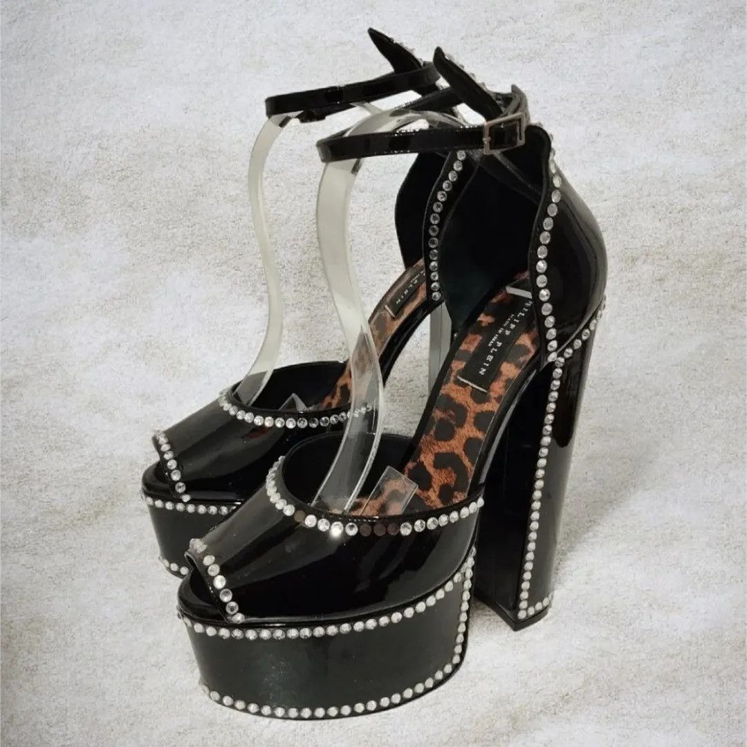 Philipp Plein Philipp Plein 120mm Cryst-Embelished Black Platform Hi-Heels Size US 8 / IT 38 - 1 Thumbnail