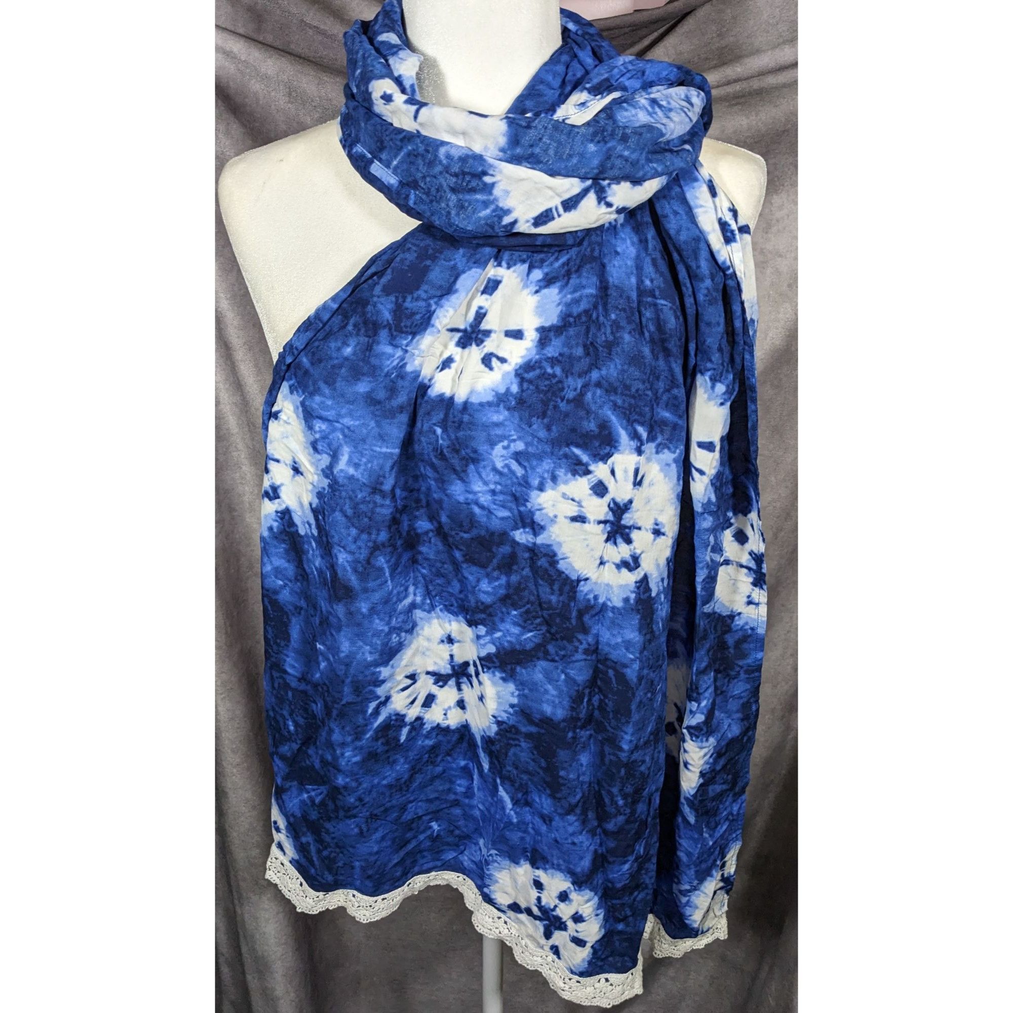 Other Bohemian Floral Blue And White Tie Dye Scarf With Lace Trim Size ONE SIZE - 7 Thumbnail