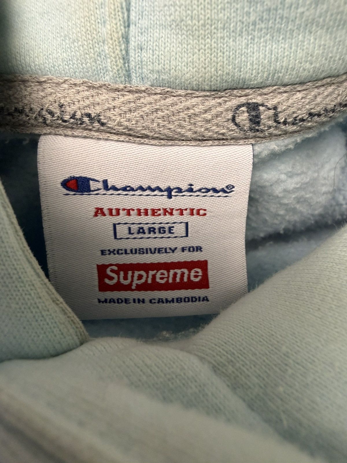 Champion × Supreme SS18 Light Blue Champion Script Hoodie Size US L / EU 52-54 / 3 - 6 Thumbnail