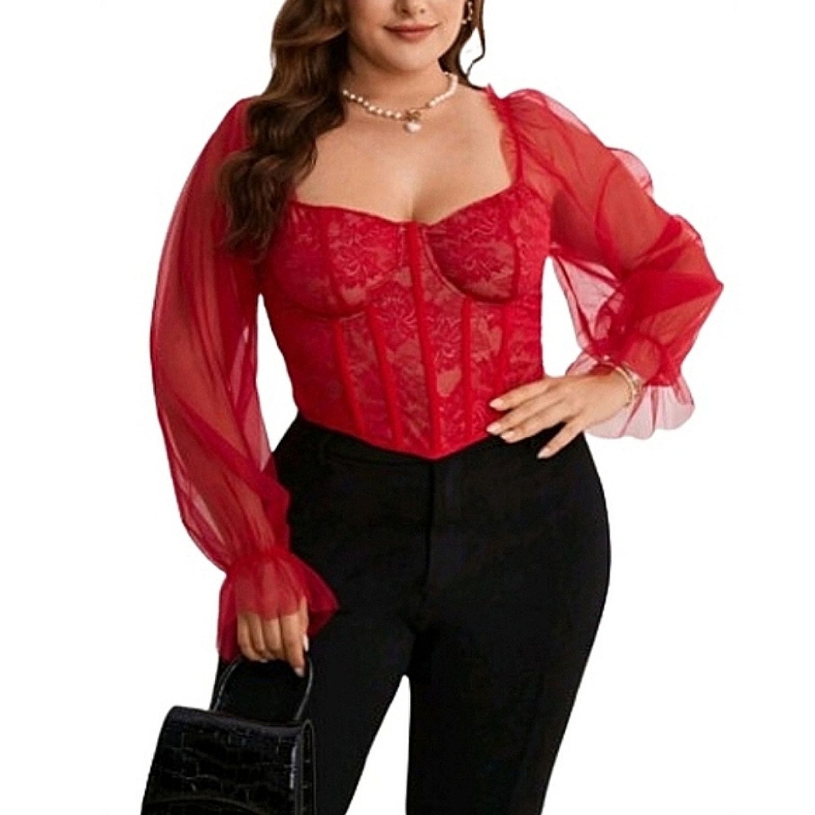 Shein Red Lace ☆ Sheer Illusion ☆ Bustier Style Crop Top 5x ☆ NWT Size 4XL / US 24-26 - 2 Thumbnail