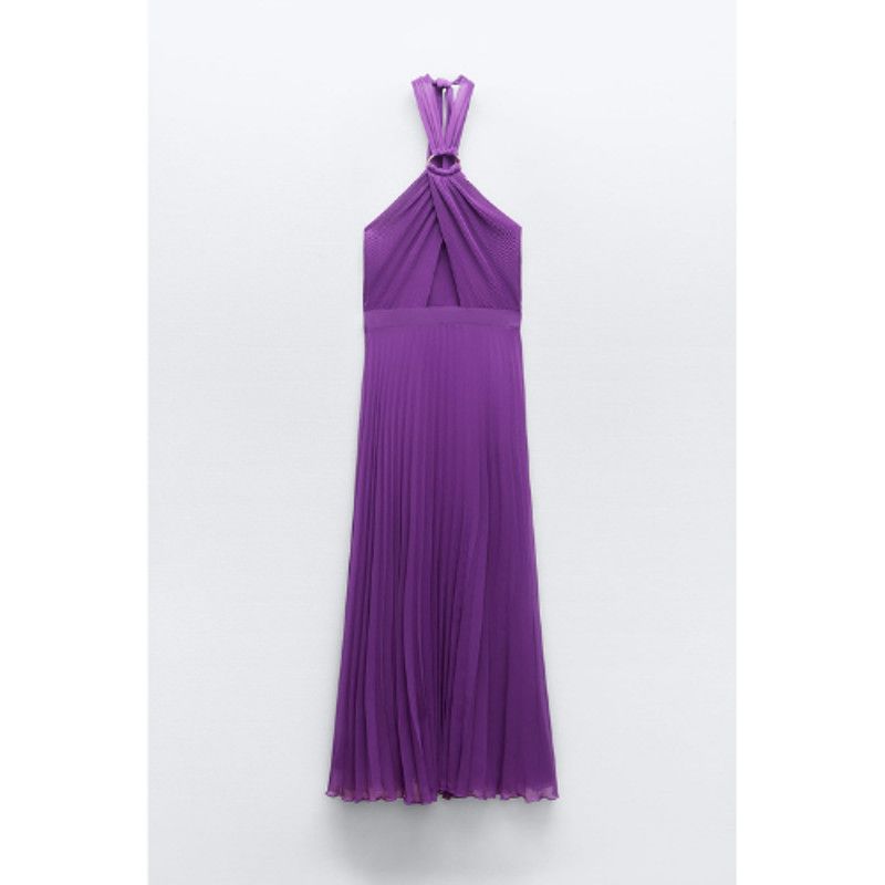 Zara NEW Women's Purple Chiffon Cut Out Pleated Halter Dress