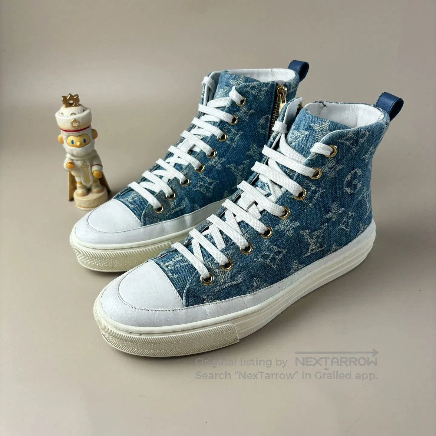 Louis Vuitton LV Blue/White Denim Monogram High-Top Sneakers. Size US 4 / IT 34 - 1 Thumbnail