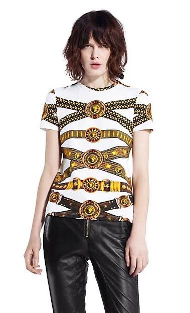 image of Versace x Versus Versace Versus Belt Print T Shirt in White, Men's (Size Small)