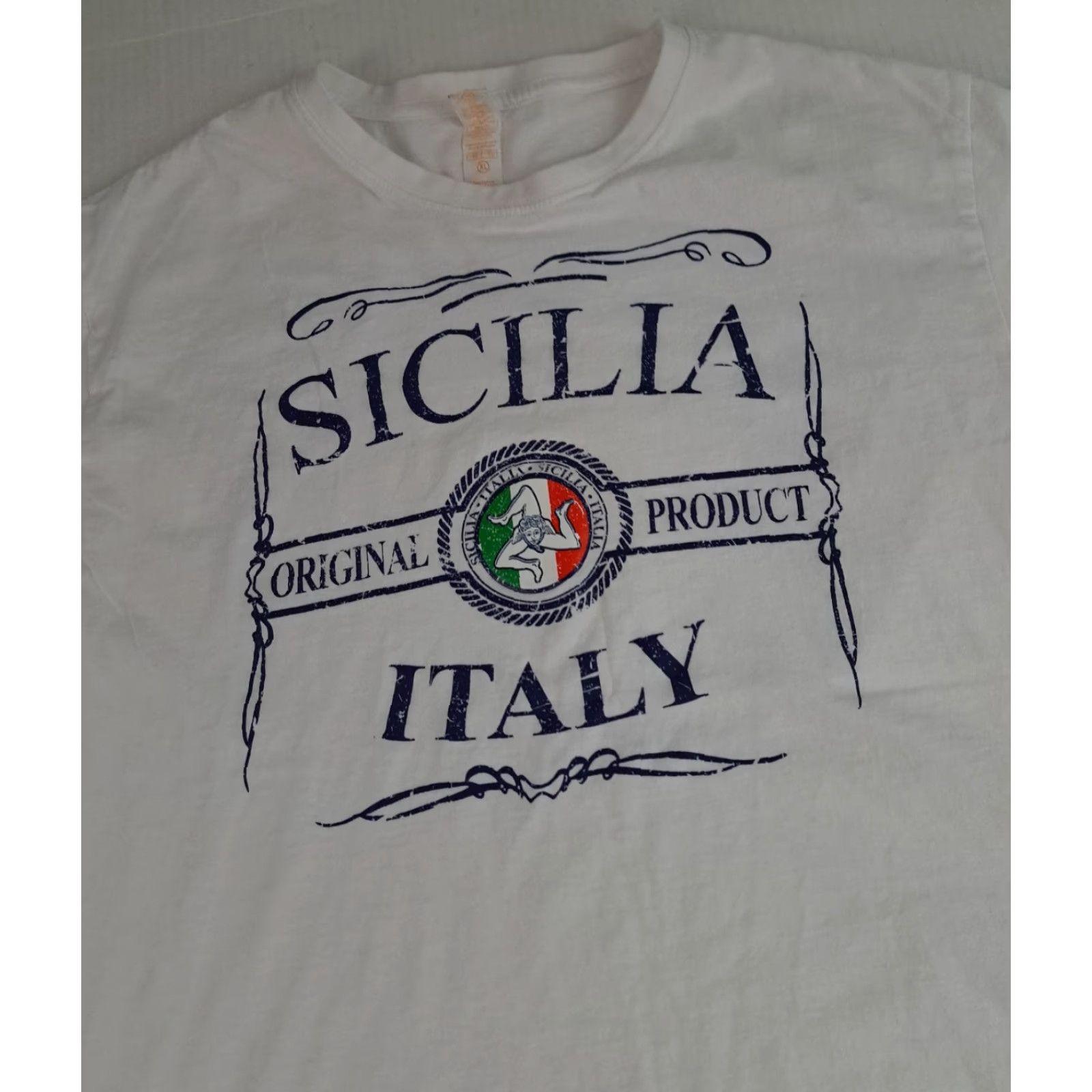 X-LARGE VINTAGE Sicilia Italy Flag T-Shirt White XL Women Regular Cotton Canvas Short Sleeve Crew Neck Pullover Casual Winter Spring JHK Logo/Flag Shirt Size XL / US 12-14 / IT 48-50 - 4 Thumbnail