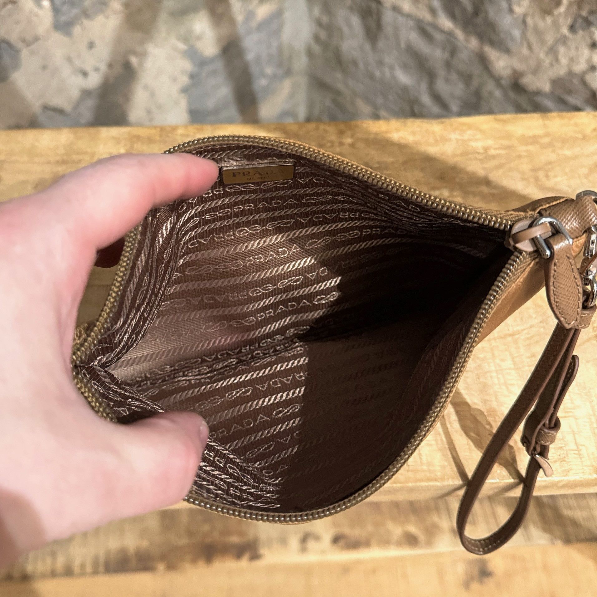 Prada Prada Ochre Tessuto Triangle Emblem Wristlet Pouch Size ONE SIZE - 10 Thumbnail