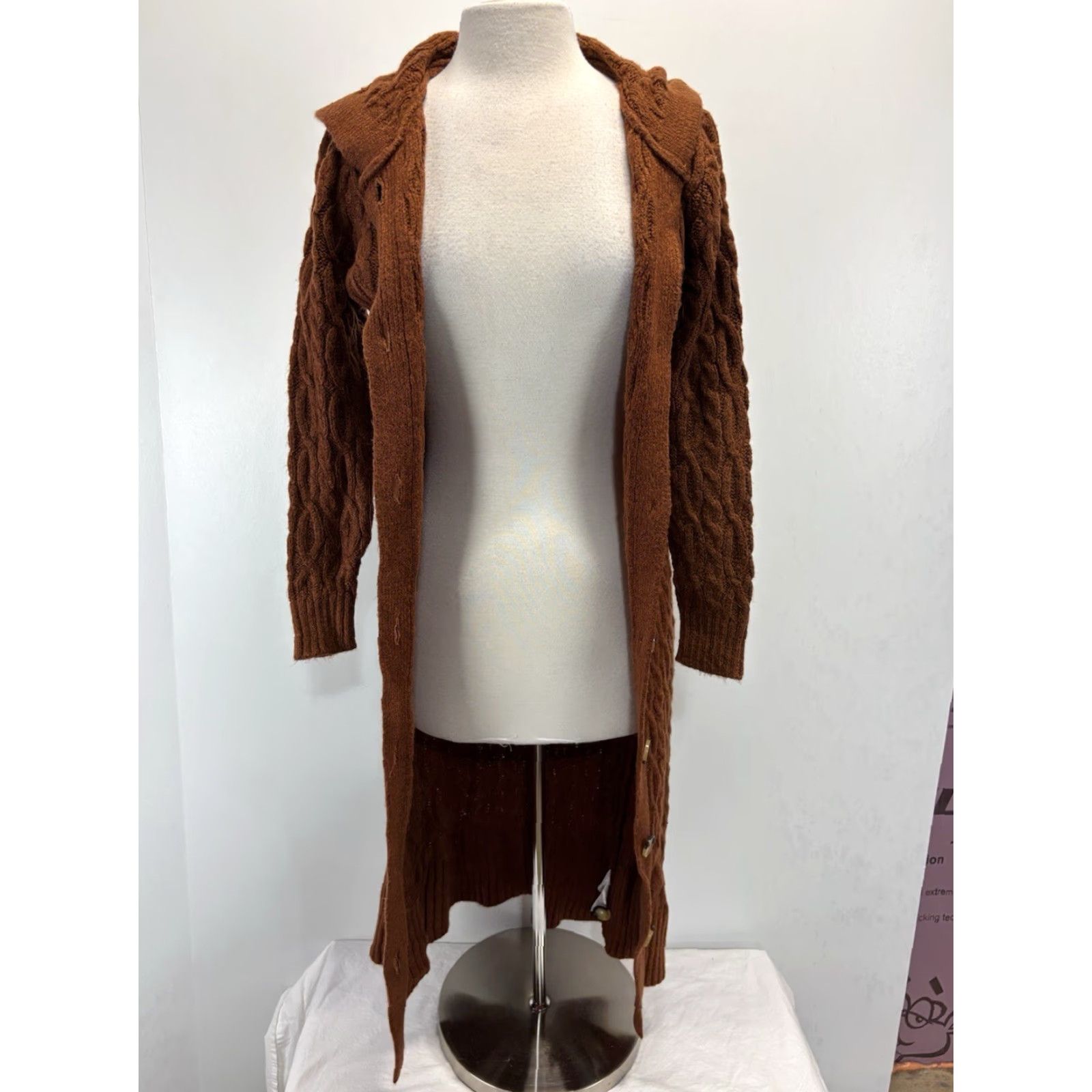 Anthropologie VINTAGE Anthropologie Cable-Knit Cardigan Sweater XS Orange Hooded Duster Fisherman Womens Size XS / US 0-2 / IT 36-38 - 7 Thumbnail