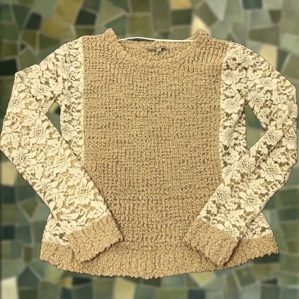 Miss Me Miss Me Sweater Small Beige Long Sleeve Stretch Lace Crew Neck Knit Pullover Womens Size S / US 4 / IT 40 - 1 Thumbnail