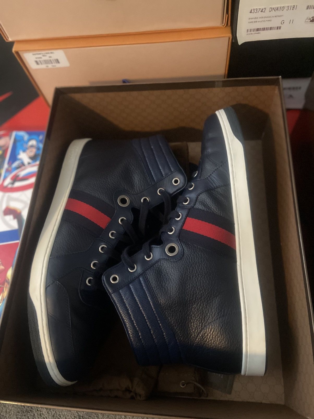 Gucci Gucci Navy Leather High-Top Sneakers (Red Web Stripe) Size US 11 / EU 44 - 1 Thumbnail