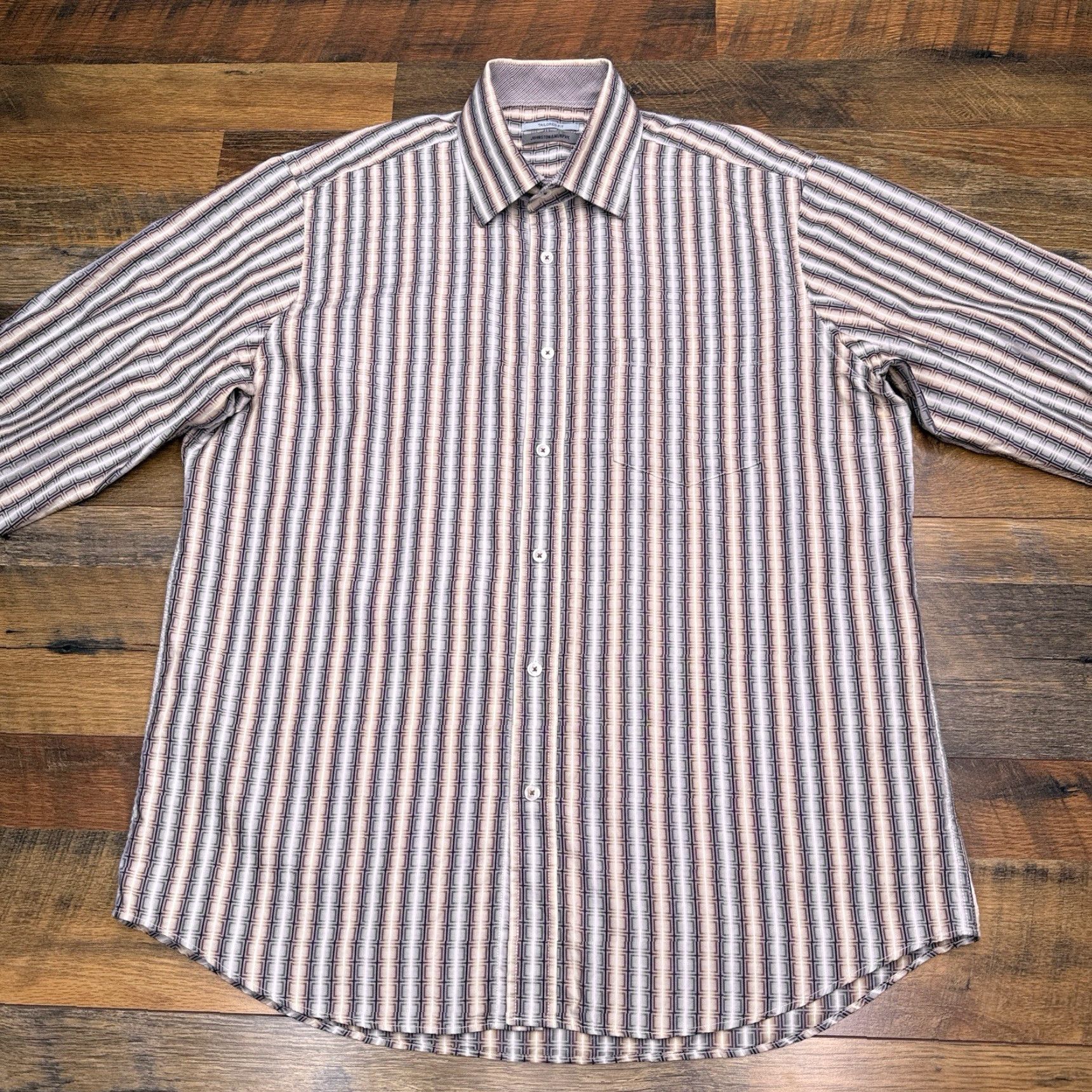 Johnston & Murphy Johnston & Murphy Shirt Mens Large Tan Geometric Button Up Slim Fit Long Sleeve Brown cotton Button-Up Size US L / EU 52-54 / 3 - 3 Thumbnail