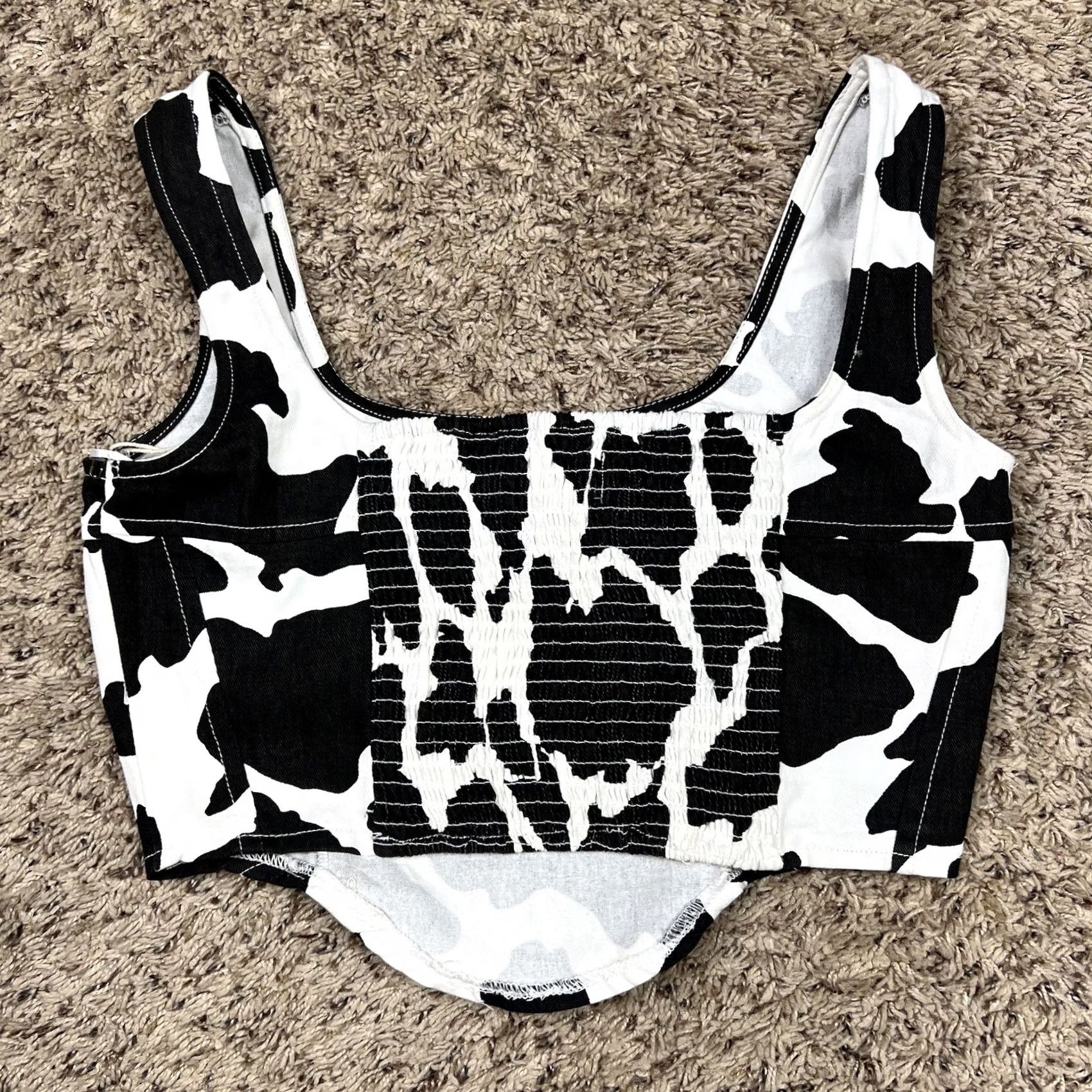 Denime Lone Star Cow Print Corset Structured Denim Crop Top Womens Medium Shirt Sleeveless Cropped Western Cowboy Cowgirl Slim Regular Black Cap Sleeve? Size M / US 6-8 / IT 42-44 - 3 Thumbnail
