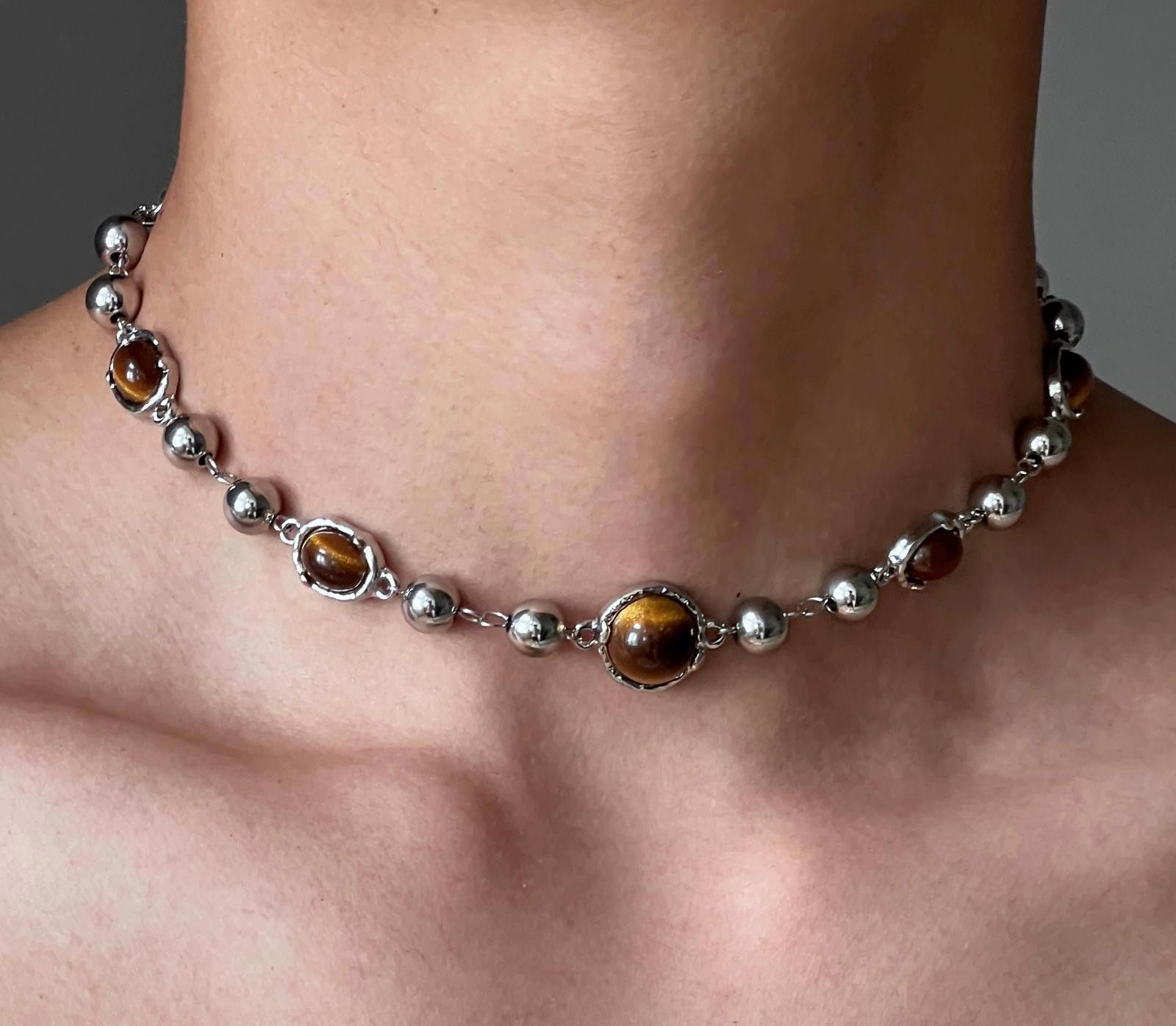 Vintage Silver Brown Beaded Choker Necklace, Tiger Eye Stone Size ONE SIZE - 2 Thumbnail