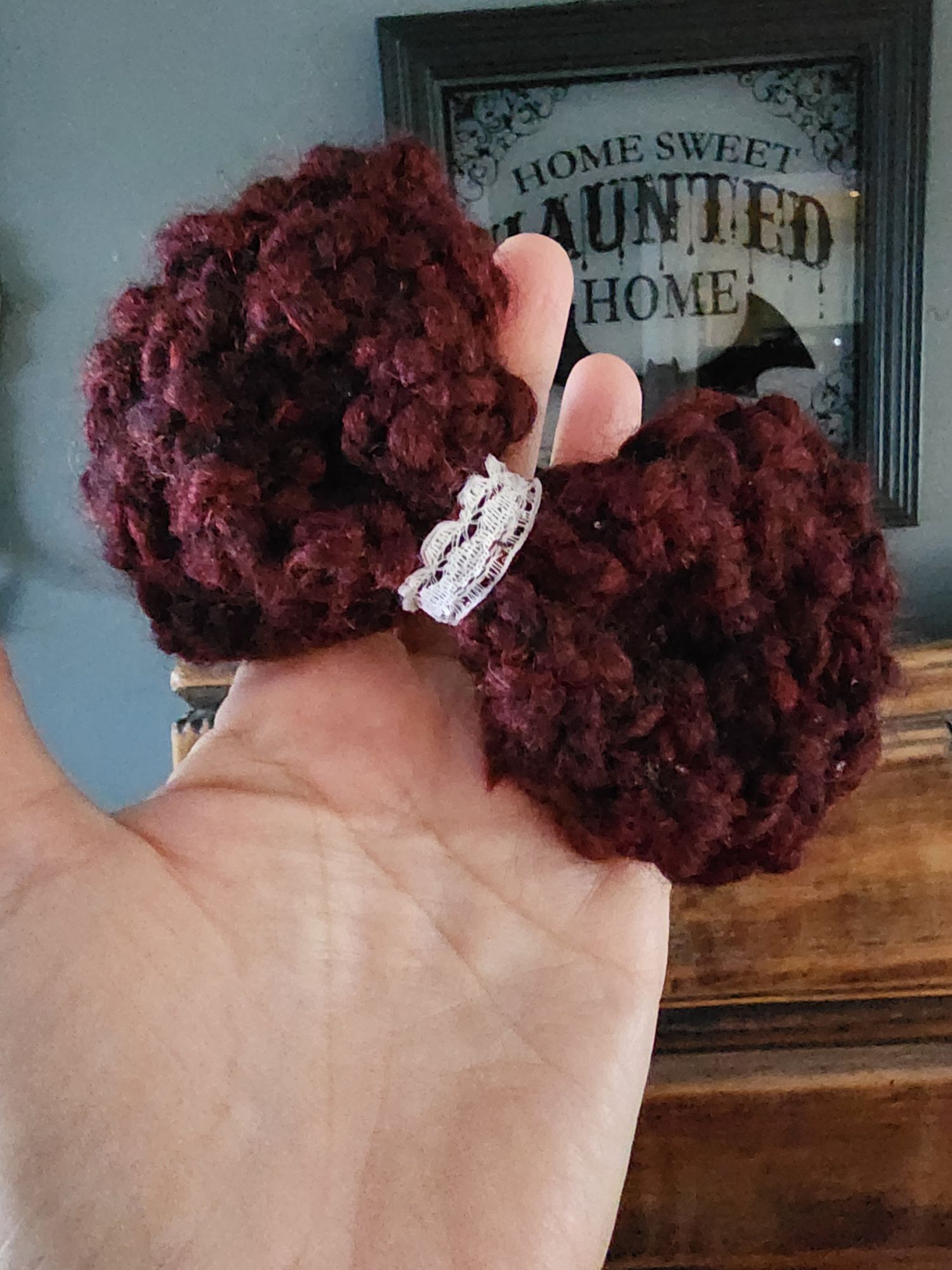 Handmade Knit Hair Bow, Handknitted Burgundy Ponytail Holder or Hair Size ONE SIZE - 6 Thumbnail