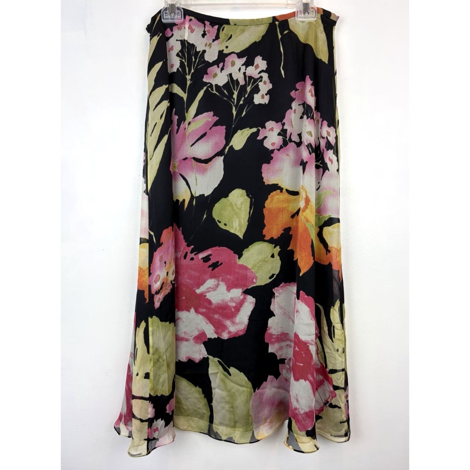 Vintage Dana Buchman Maxi Skirt Womens 14 Black Silk Floral Lined Long Skirt Petite Casual Workwear 90s Bohemian City Flower Gang Mens? Size 36" / US 14 / IT 50 - 2 Thumbnail