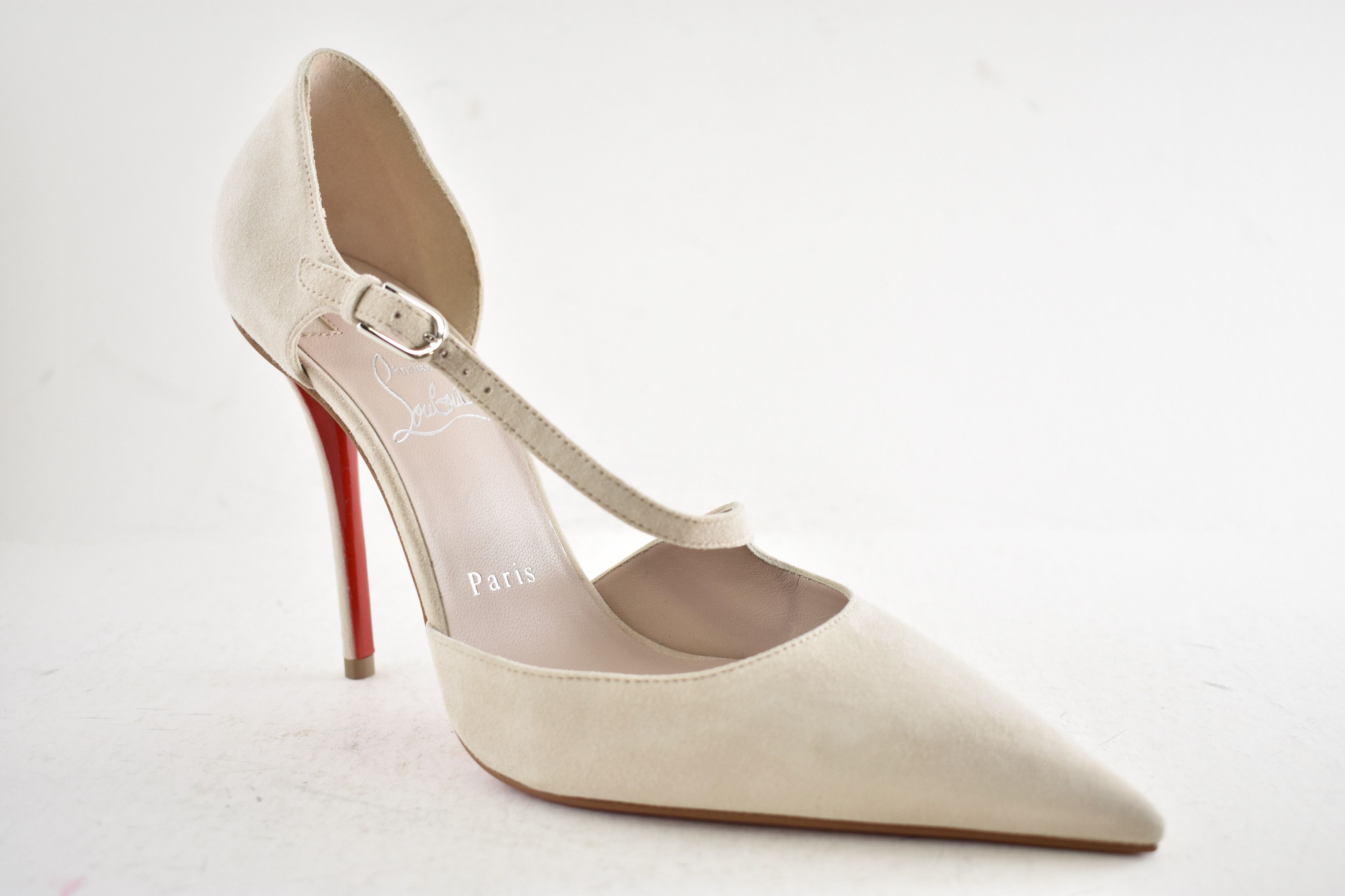 Christian Louboutin Miss Ziggyta 100 Pearl Beige Suede Strap Heel Pump 39.5 Size US 9.5 / IT 39.5 - 5 Thumbnail