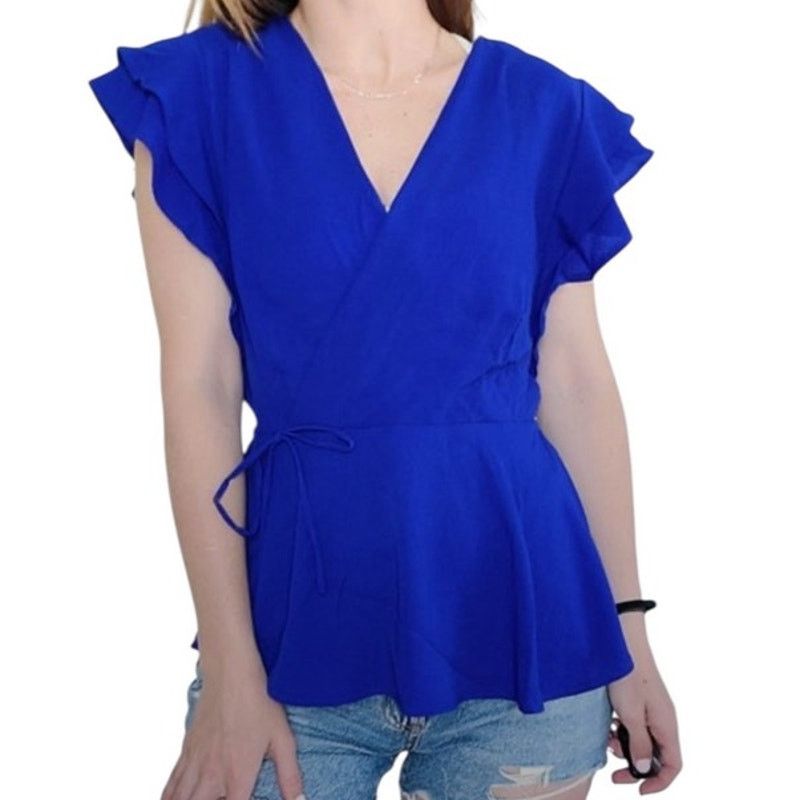 Other Monteau Blue Faux Wrap Ruffle Short Sleeve V-Neck Blouse Size M / US 6-8 / IT 42-44 - 1 Thumbnail
