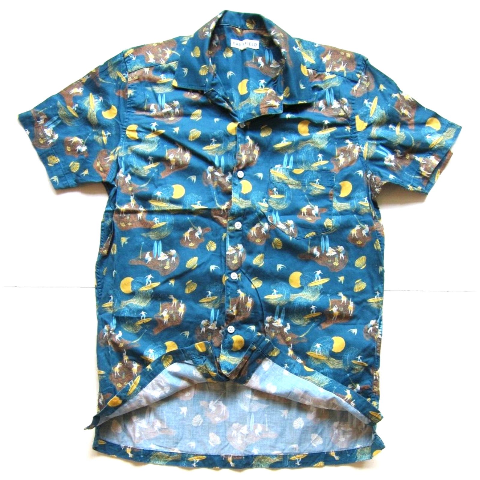 Far Afield Far Afield Shirt Hawaiian Men S Short Sleeve Organic Cotton Blue Yellow Surf Shell Button-Up 1/S Size US S / EU 44-46 / 1 - 5 Thumbnail