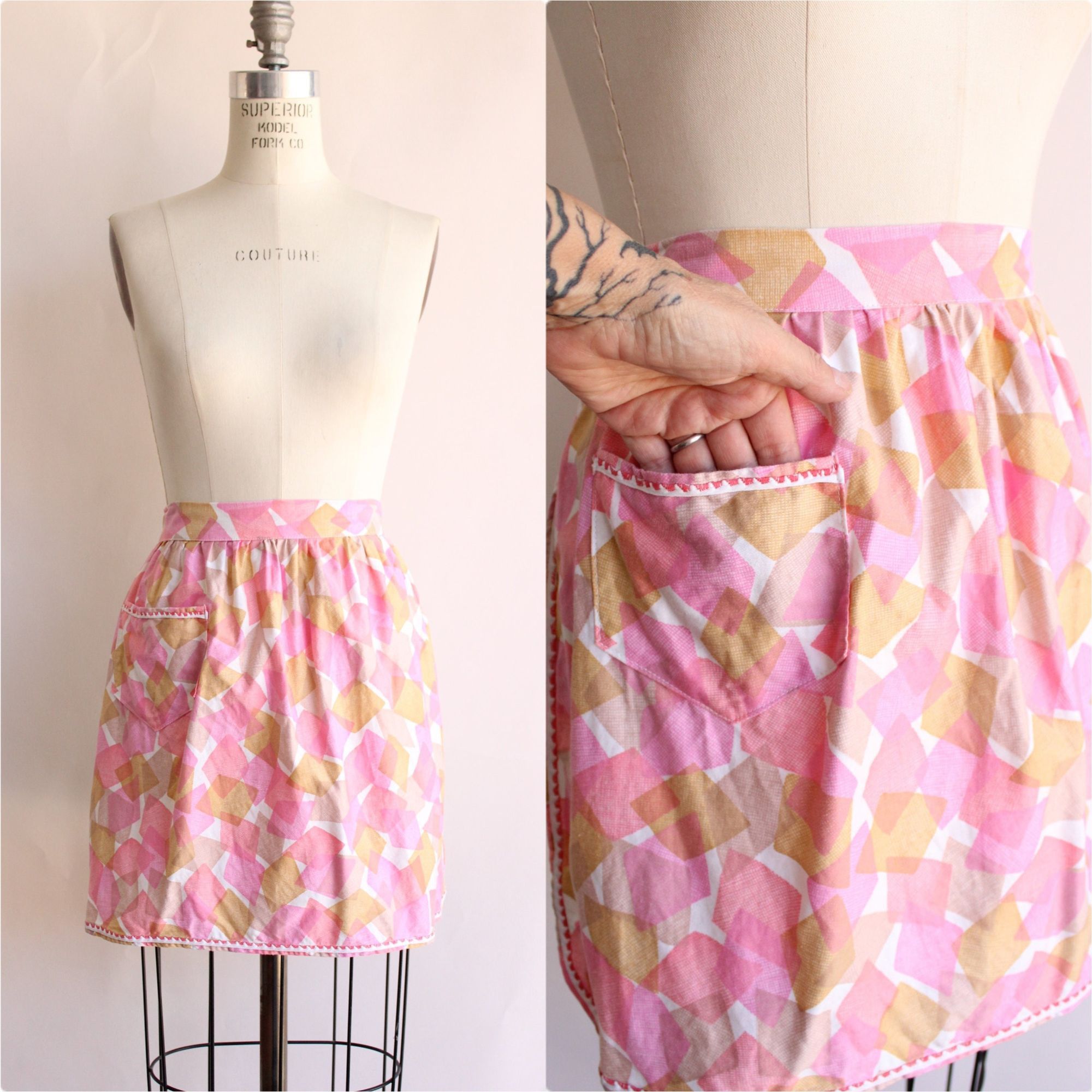 Vintage Vintage 1960s Apron With Pocket, Pink and Yellow Geometric P Size ONE SIZE - 1 Thumbnail
