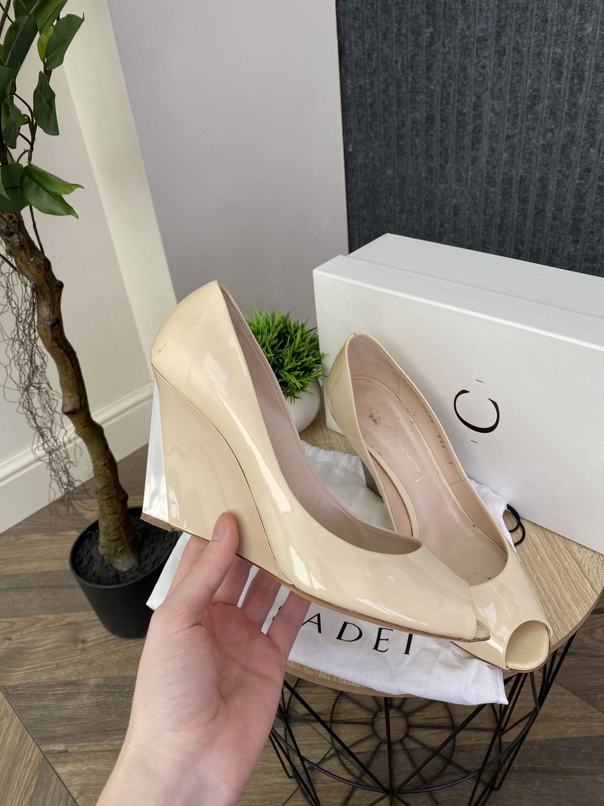 Casadei Casadei Patent Leather Wedge Heels Nude Peep Toe Pumps Size US 9 / IT 39 - 1 Thumbnail