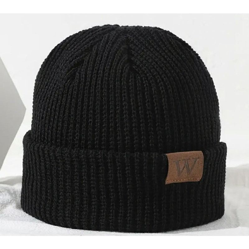 Other New Black Knit Beanie Hat w/ Leather "W" Patch Cuffed Winter Size ONE SIZE - 2 Thumbnail