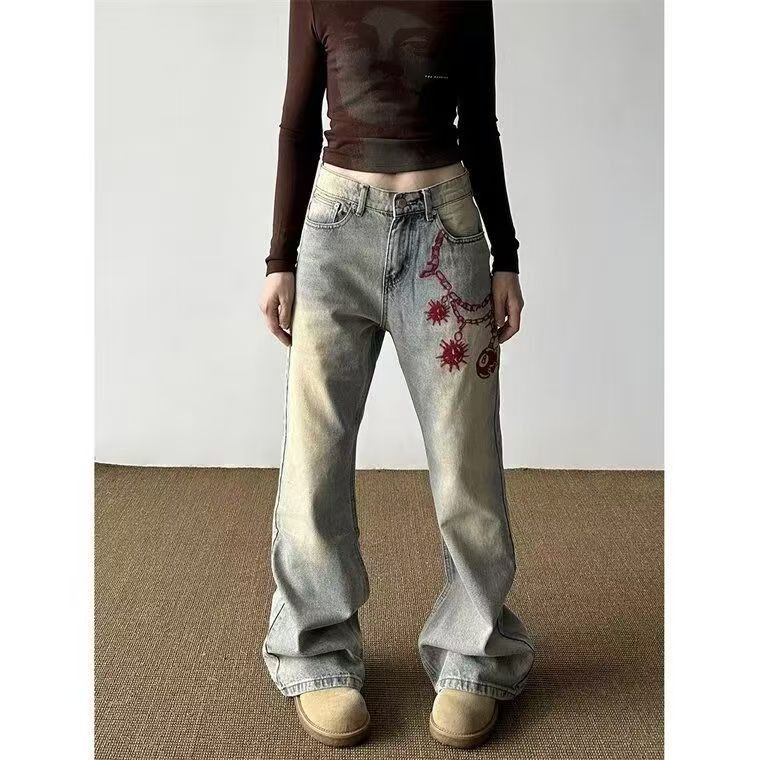 American street washed vintage distressed embroidered jeans