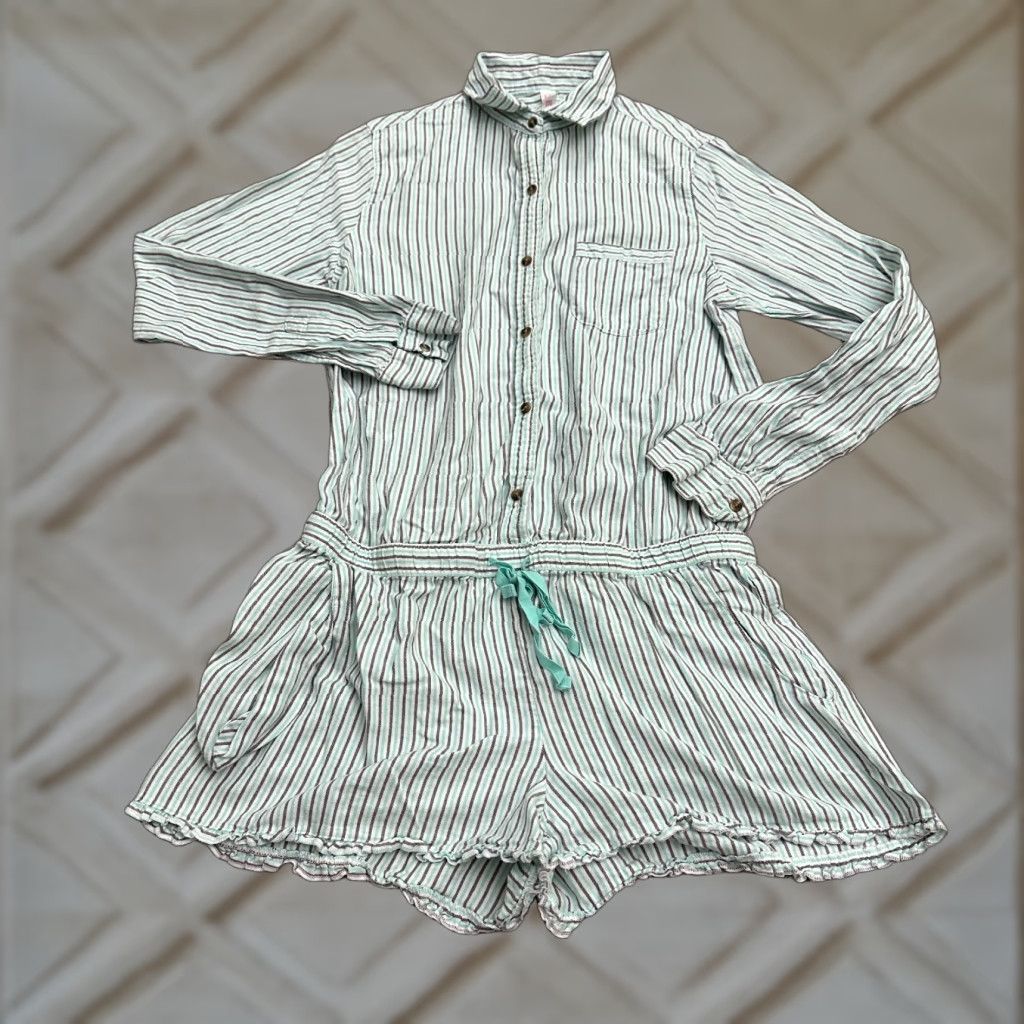 Vintage Xhilaration Romper Shirt Womens Small Green Striped Long Sleeve Casual One-Piece Cardigan? wait. Size S / US 4 / IT 40 - 1 Thumbnail