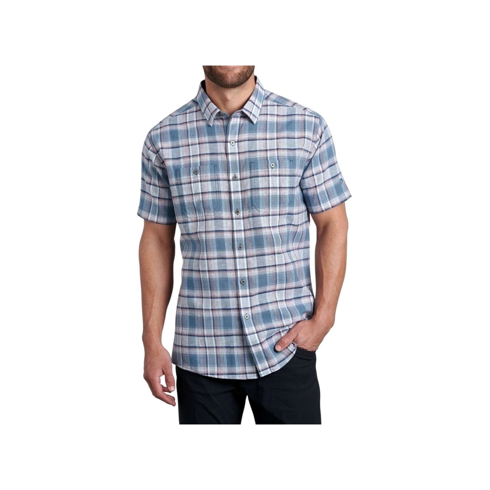 Vintage Kuhl Skorpio Shirt Plaid Button-Up Short Sleeve Linen Blend Blue Gray Large Blue Mens Size US L / EU 52-54 / 3 - 6 Thumbnail