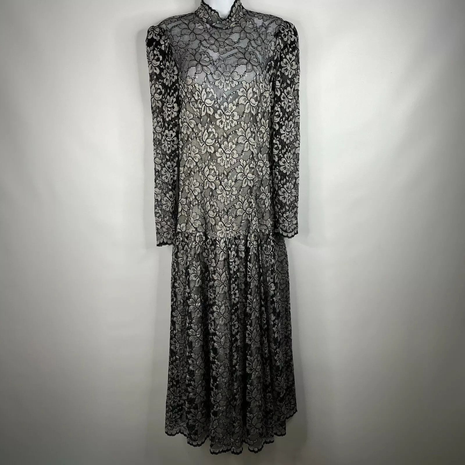 Image of Vintage 80's Scott Mcclintock Black Floral Lace Drop Waist Midi Dress in Black White, Women's (Size