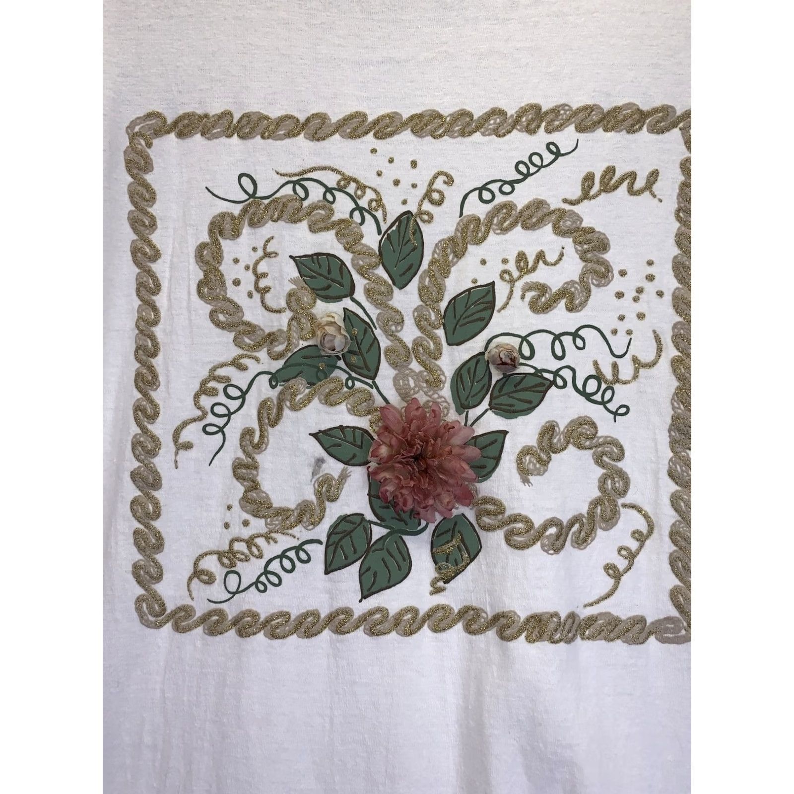 Vintage VINTAGE 1990s Cesucci One Size Fits All Womens Floral 3D Gel Graphic T Shirt White Cotton Shirt Womens One Size Floral 1990s Cesucci Size ONE SIZE - 2 Thumbnail