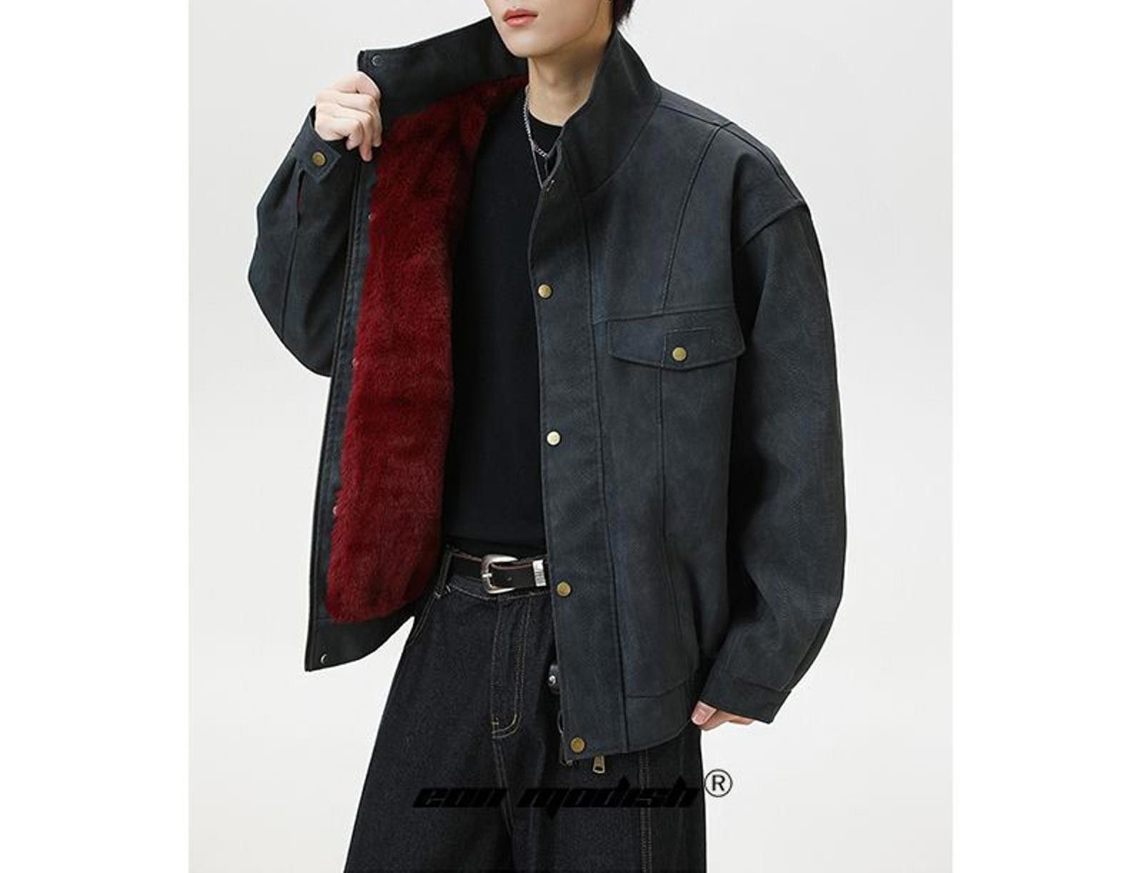 Japanese Brand Faux Suede Men's Bomber Jacket, Red Lined Outerwear Size US M / EU 48-50 / 2 - 2 Thumbnail