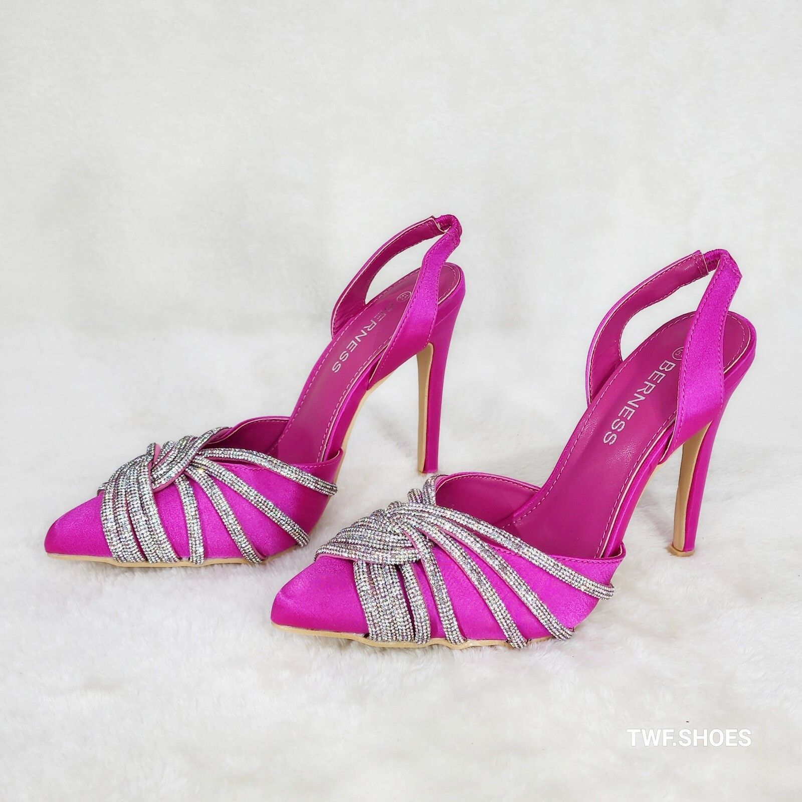 Other Elegance Slip on Slingback Fuchsia Satin Rhinestone Pointy T Size US 7.5 / IT 37.5 - 1 Thumbnail