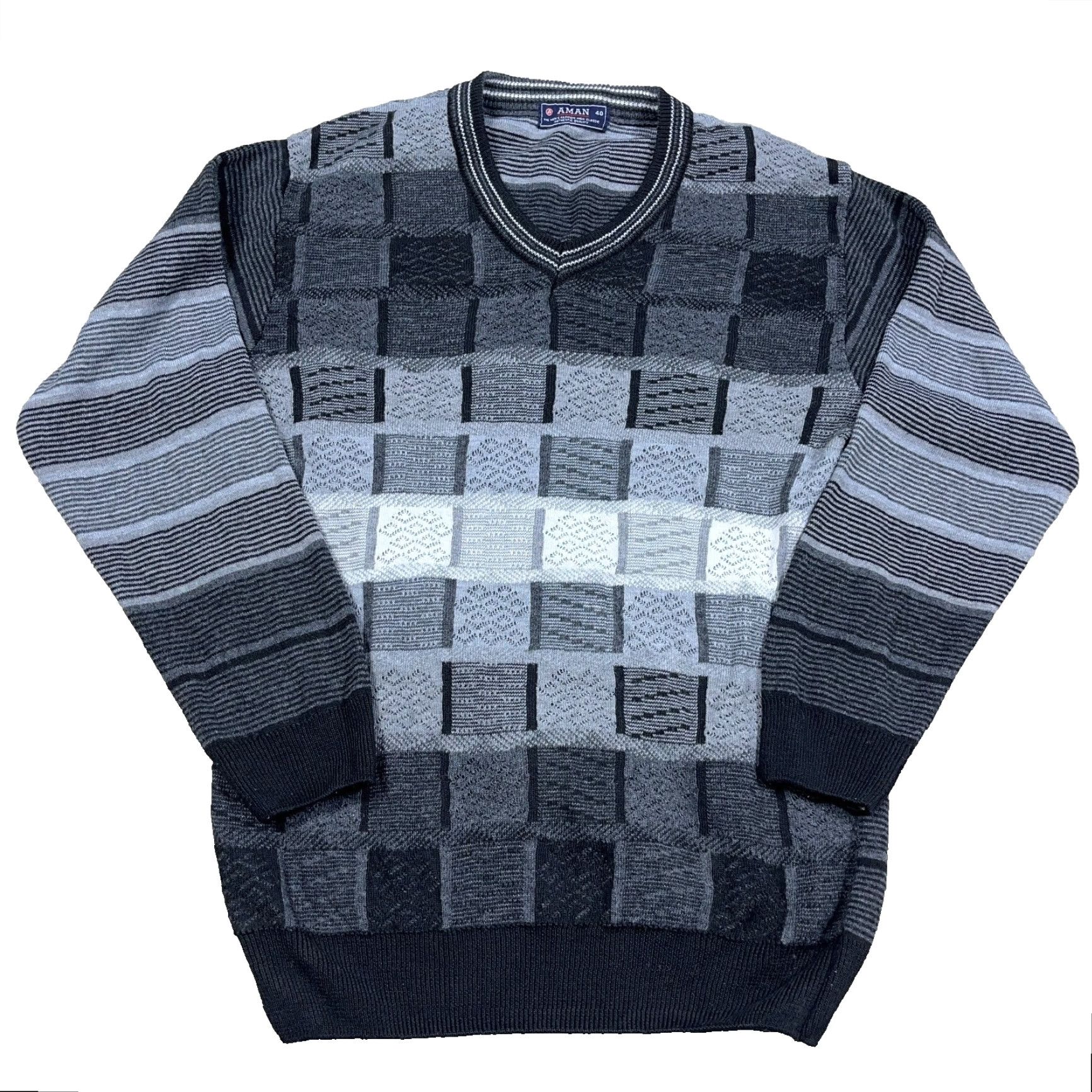 Vintage Vintage Aman Grandpa Sweater Men L Gray Black Geometric Knit Crewneck Pullover Knitwear 80s 90s Retro Streetwear Mens Size US L / EU 52-54 / 3 - 2 Thumbnail