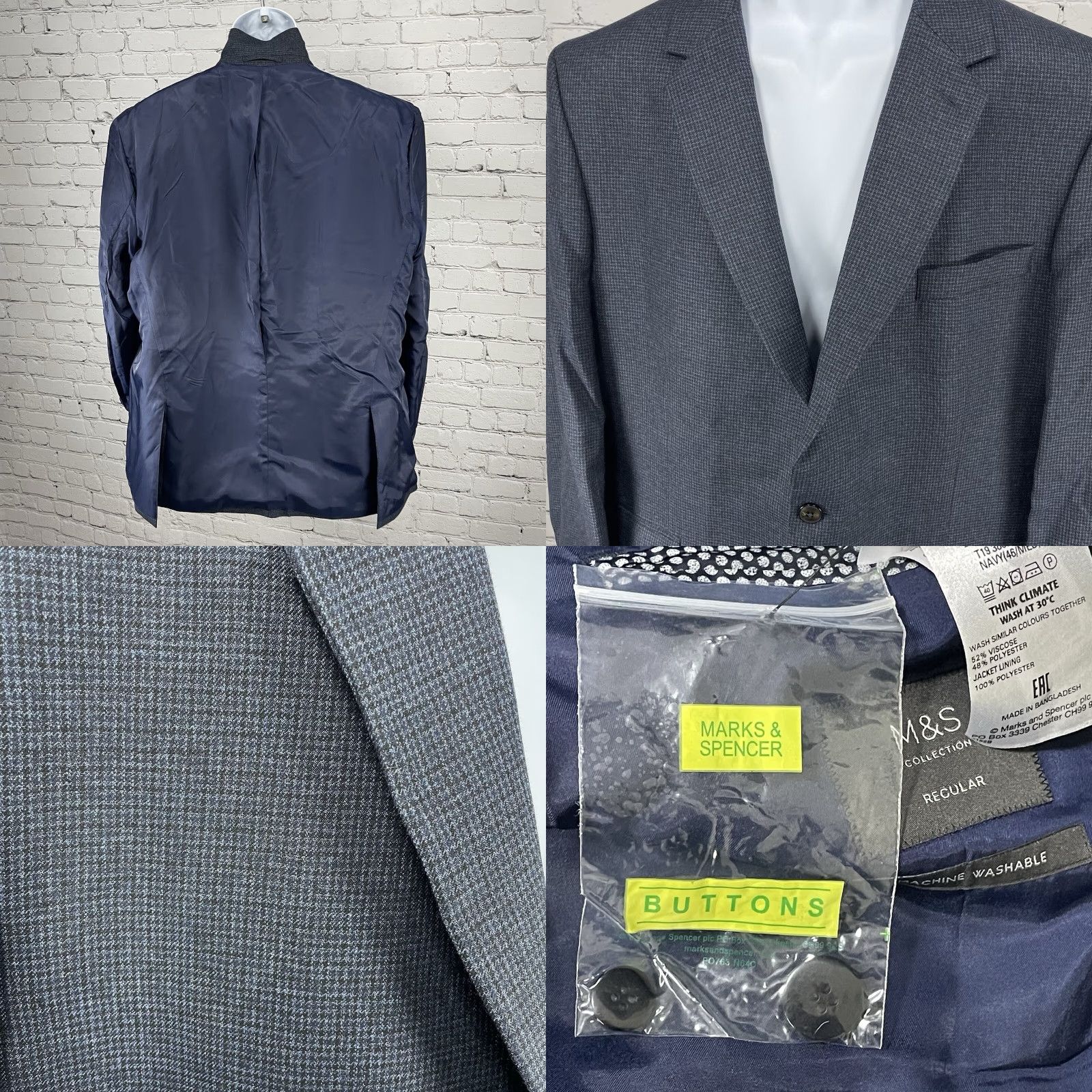Marks & Spencer Marks & Spencer Jacket Black Blue Check Easy Care Sports Blazer Size 48 Size 48R - 8 Thumbnail