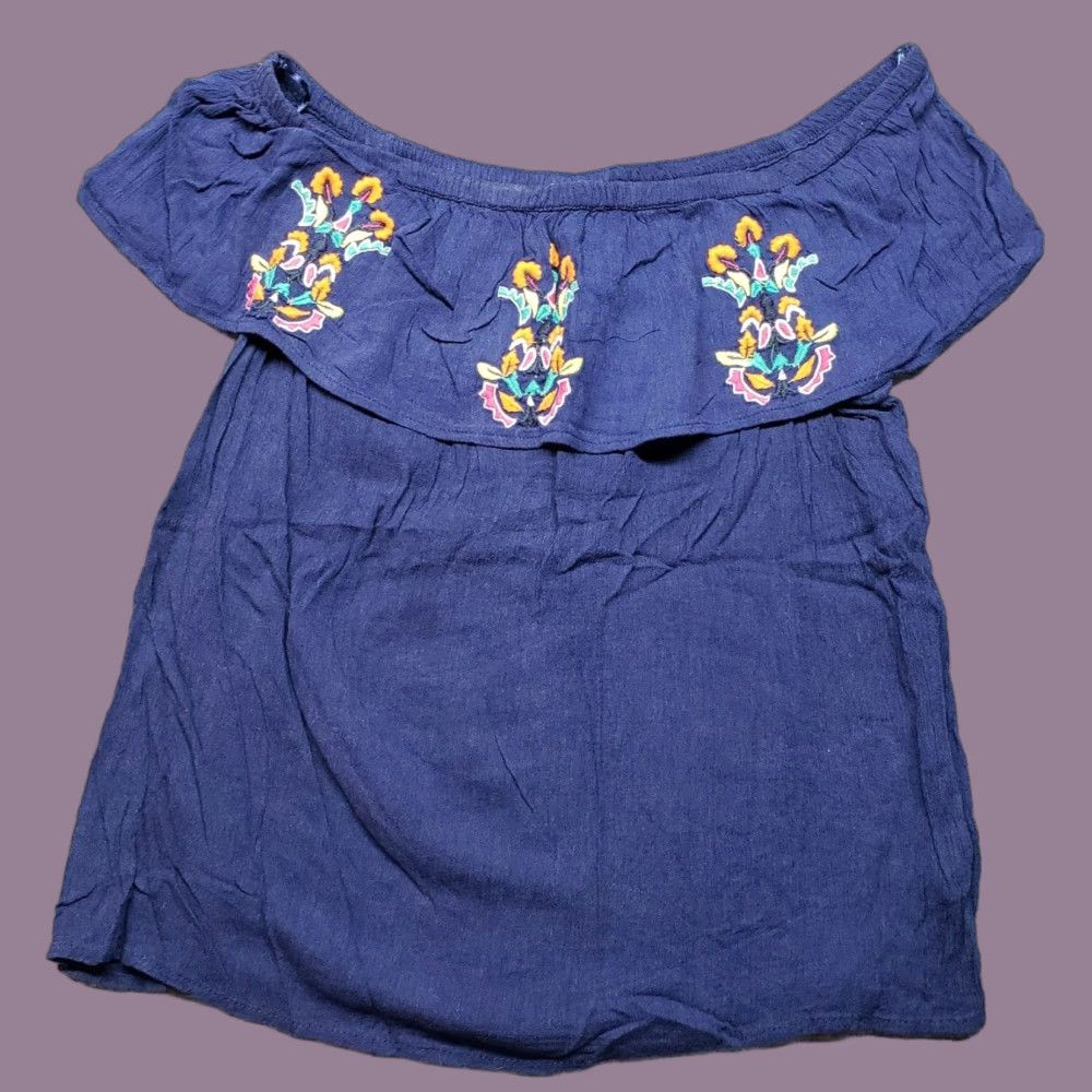 Vintage New Directions Blouse Womens M Blue Floral Embroidered Off the Shoulder Casual Size M / US 6-8 / IT 42-44 - 1 Thumbnail