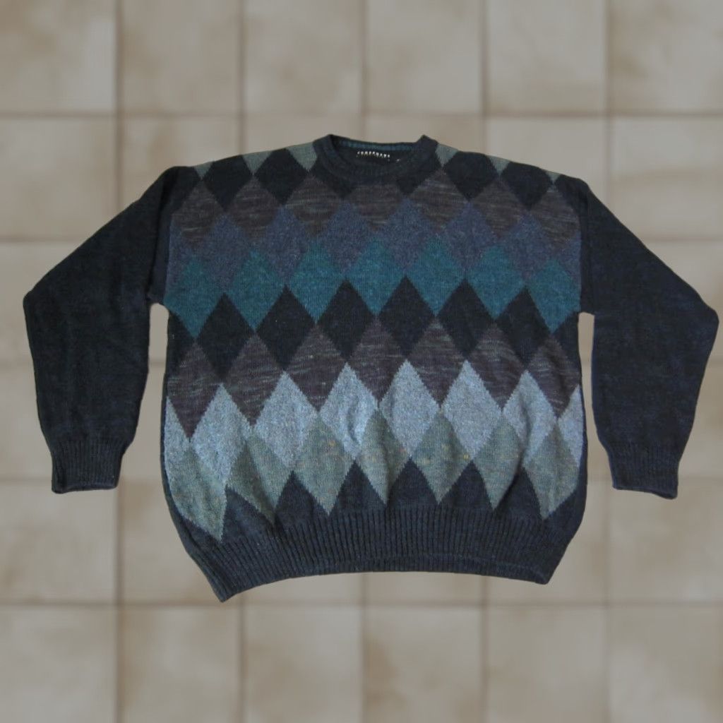 Vintage VINTAGE Consensus Sweater Mens Pullover Knit Crew Neck Argyle Blue Wool Alpaca 90s L Size US L / EU 52-54 / 3 - 1 Thumbnail