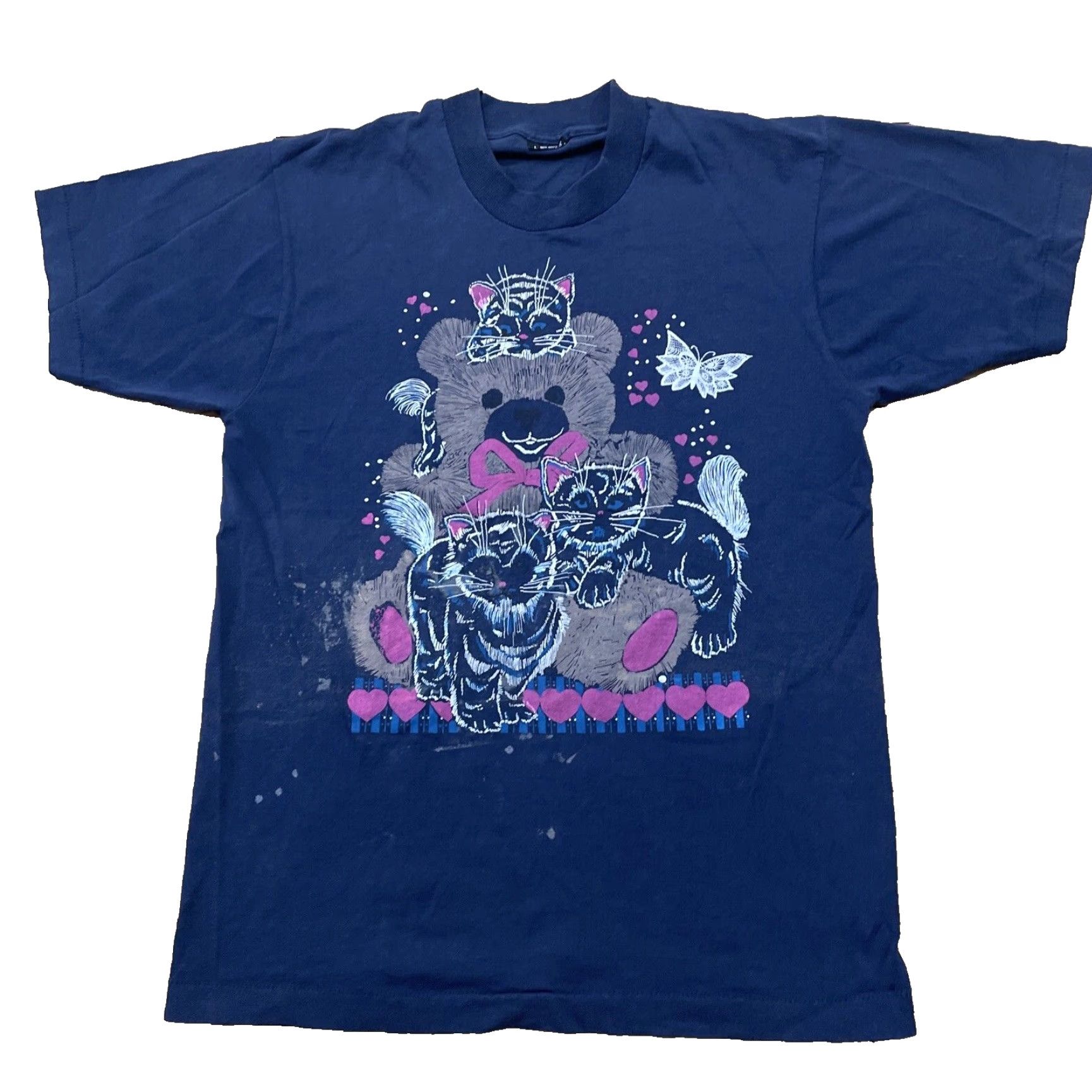 Vintage VINTAGE CATS Hearts Print Y2k Shirt Adult L Slim Blue Pink Grunge Paint Tee (L fits M) Size US L / EU 52-54 / 3 - 2 Thumbnail